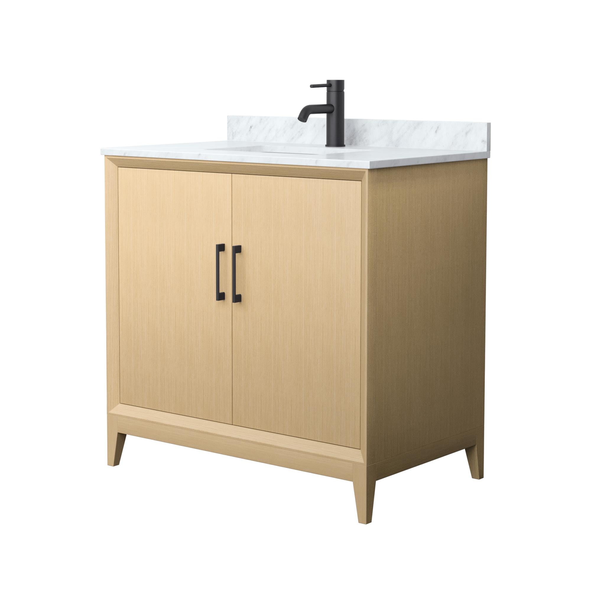Wyndham Collection WCH757536SHBCMUNSMXX Janna 36-in White Oak with Matte Black Trim Undermount Single Sink Bathroom Vanity with White Carrara Marble Natural Marble Top