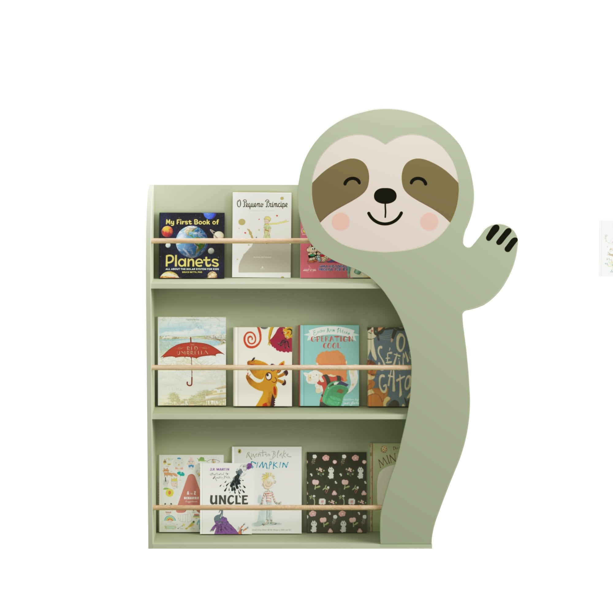 YOSIMFUR Cute Sloth Animal Kids Bookshelf Safe Sturdy Wooden 3 Tiers Front Facing Book Display Storage Organizer for Toddlers Indoor Use #DJYC-W808P350381