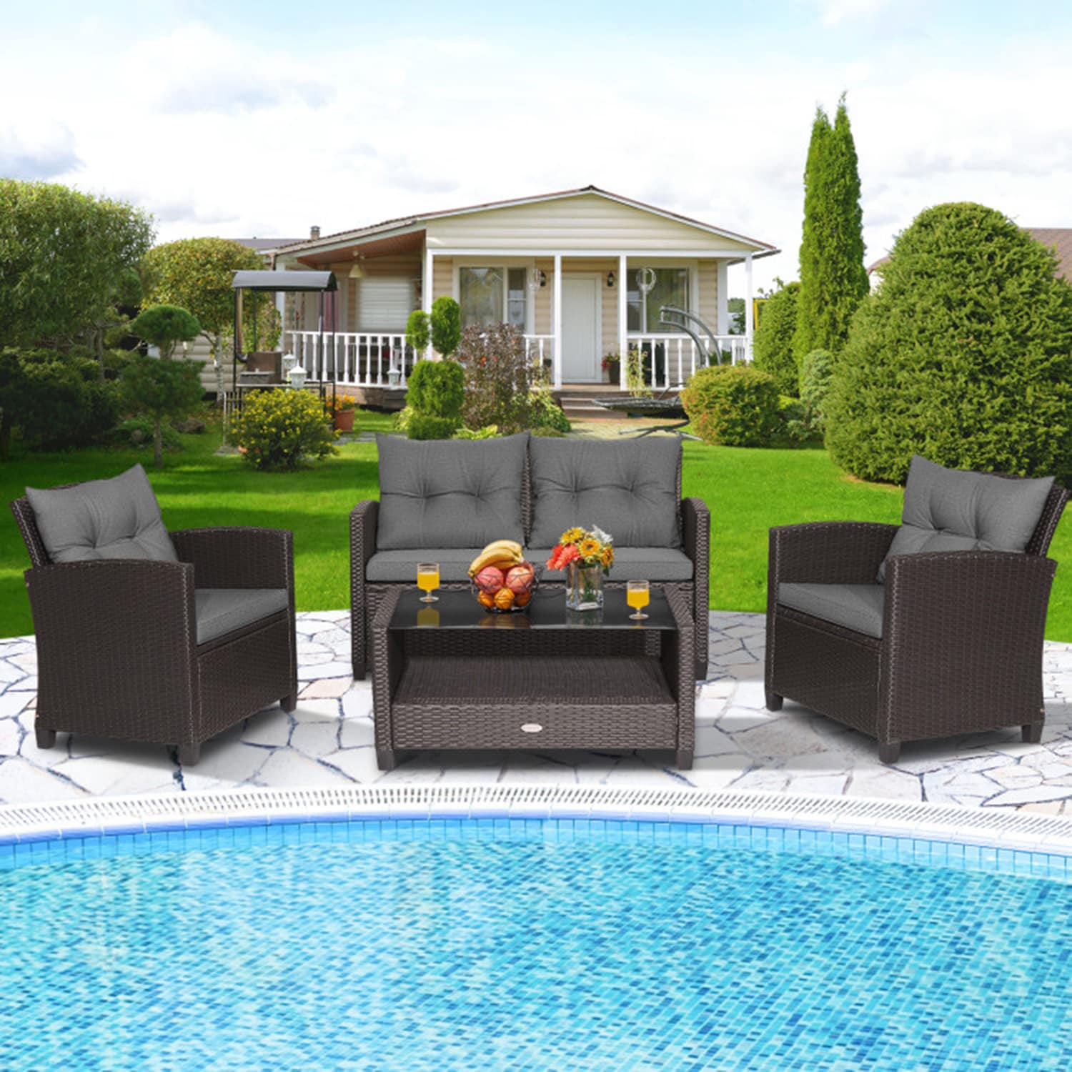 Mondawe ZY-505-435 4 -Piece Rattan Patio Conversation Set with Gray Cushions