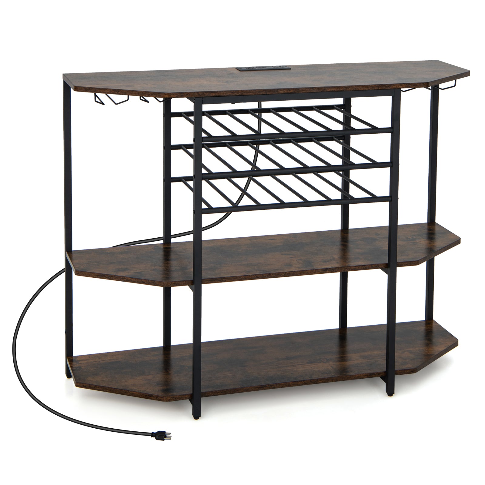 Boyel Living BL-JV11141US-CF 3 Tier Brown Wine Bar Cabinet with Storage Shelves and Built in Charging Station