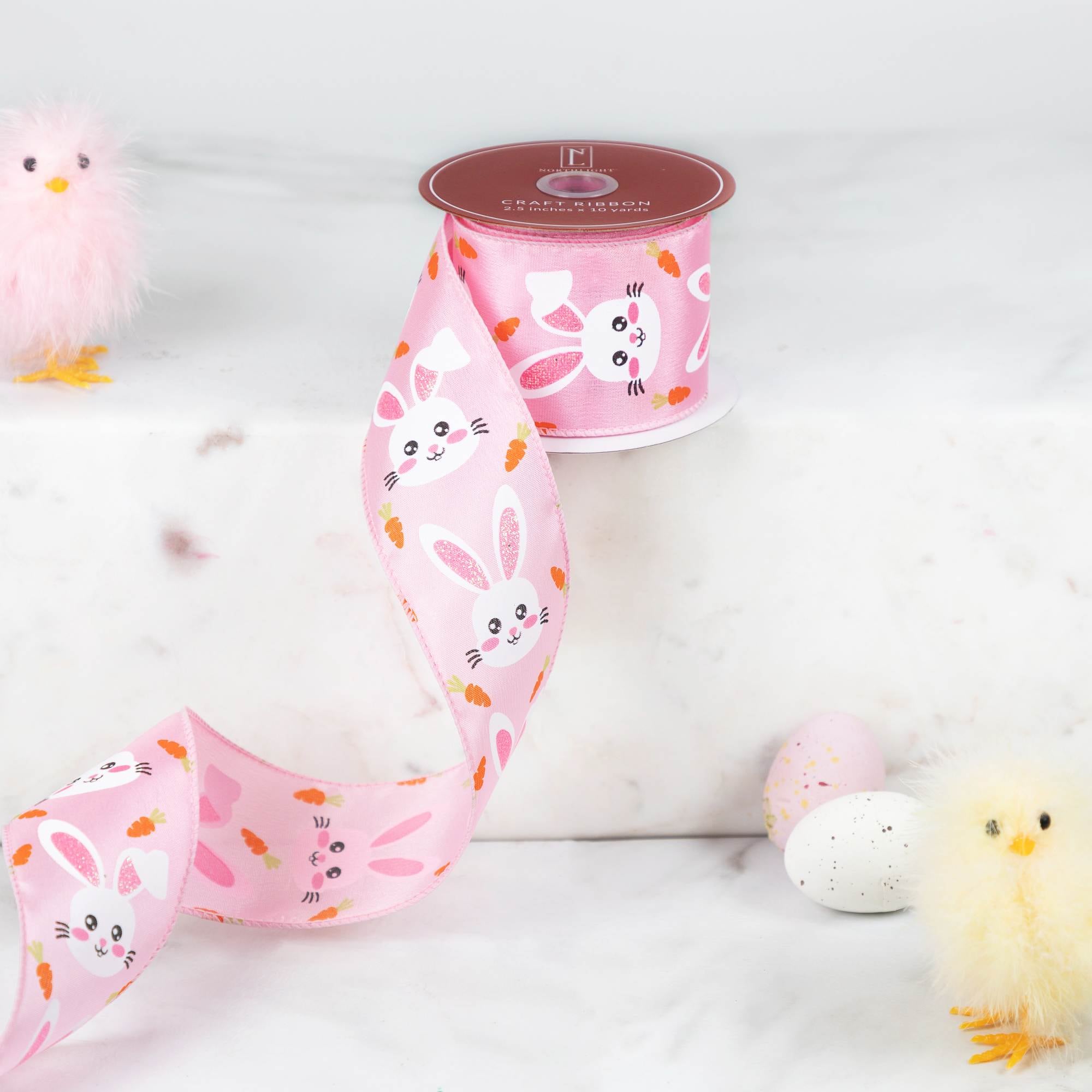 Easter Bunny Wired Spring Craft Ribbon - 2.5 inch x 10 Yards - Pink