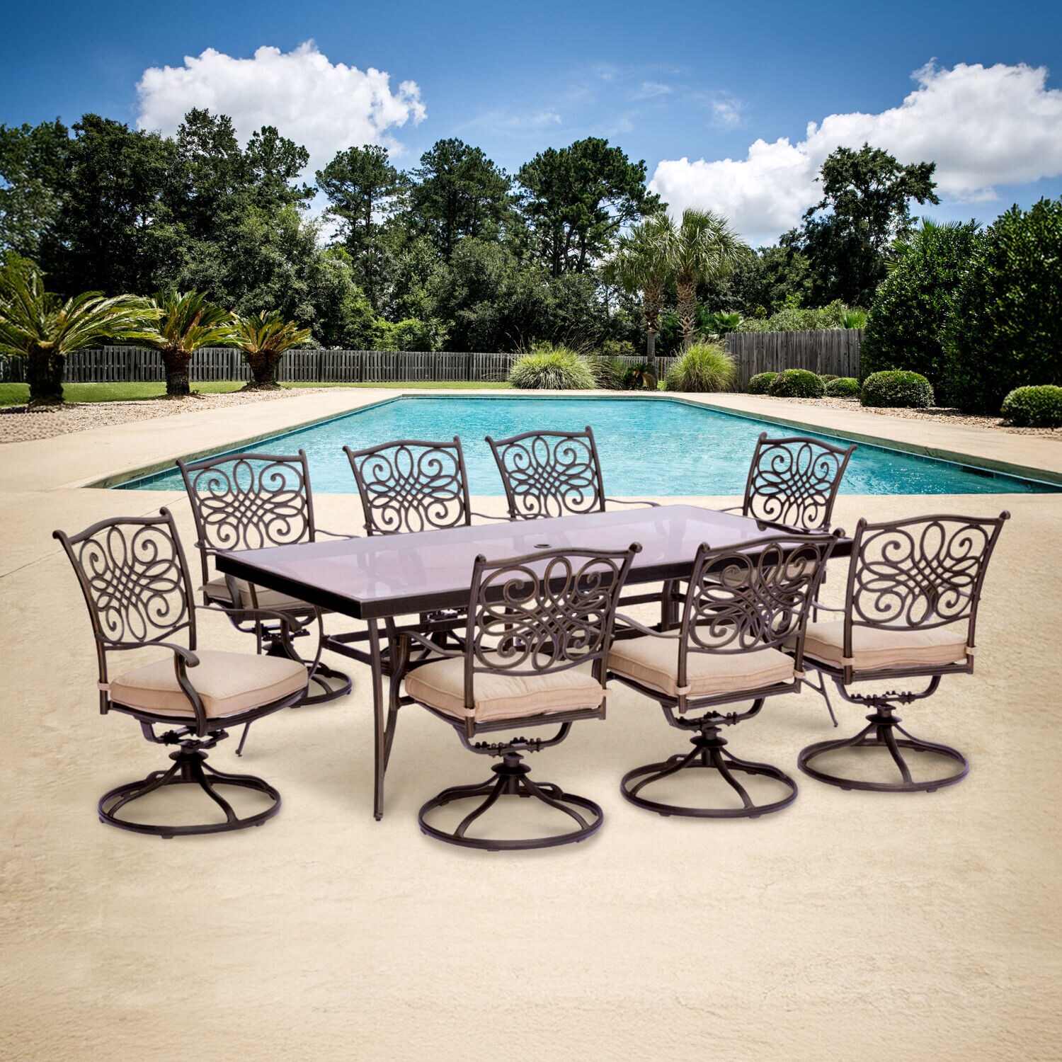 Hanover Traditions 9-Piece Bronze Aluminum Patio Dining Set with Beige Cushions