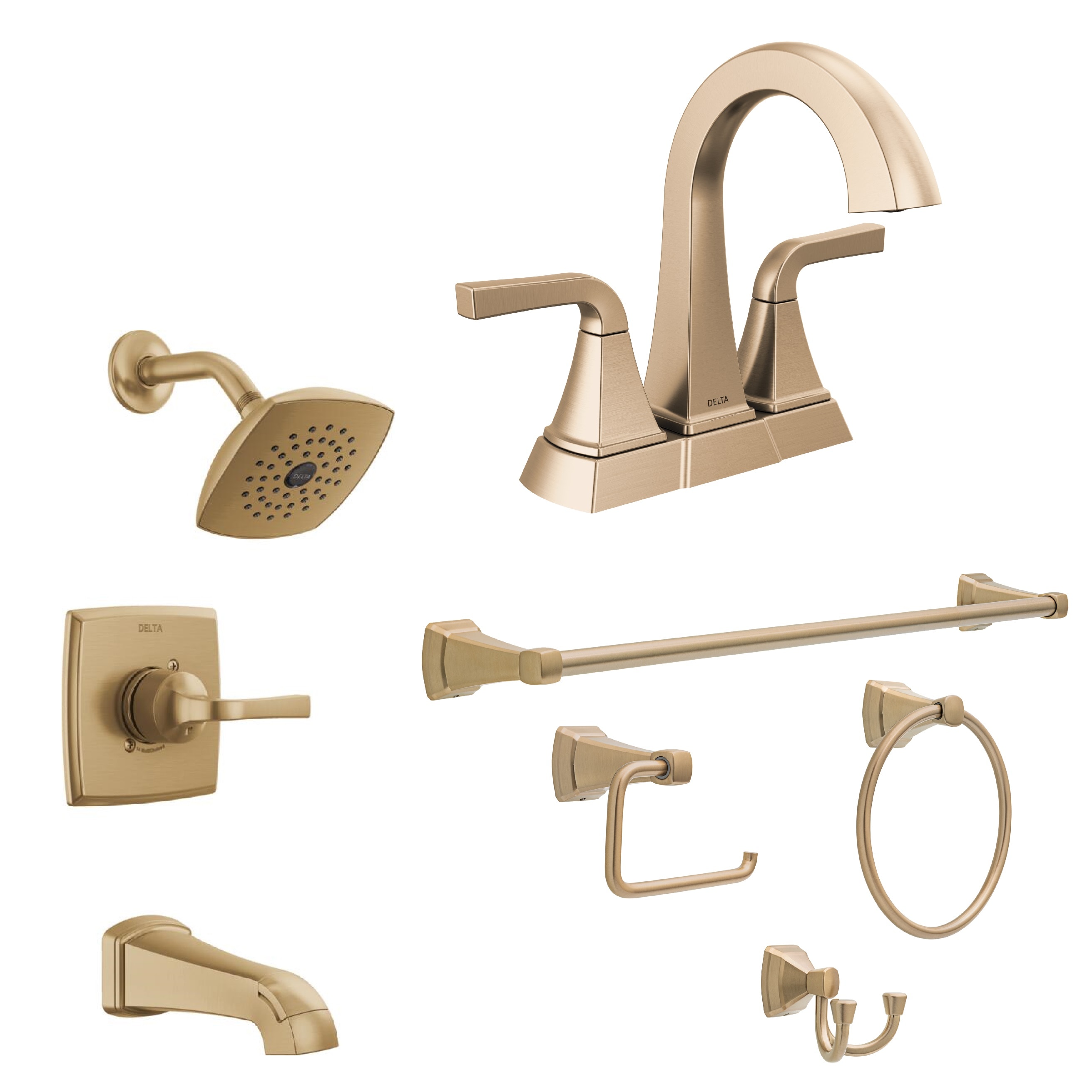 Delta  Knoxville Champagne Bronze 4-in centerset 2-Handle Bathroom Sink Faucet, Tub and Shower Faucet with 4-Piece Decorative Bathroom Hardware Set with Towel Bar, Toilet Paper Holder, Towel Ring and Robe Hook