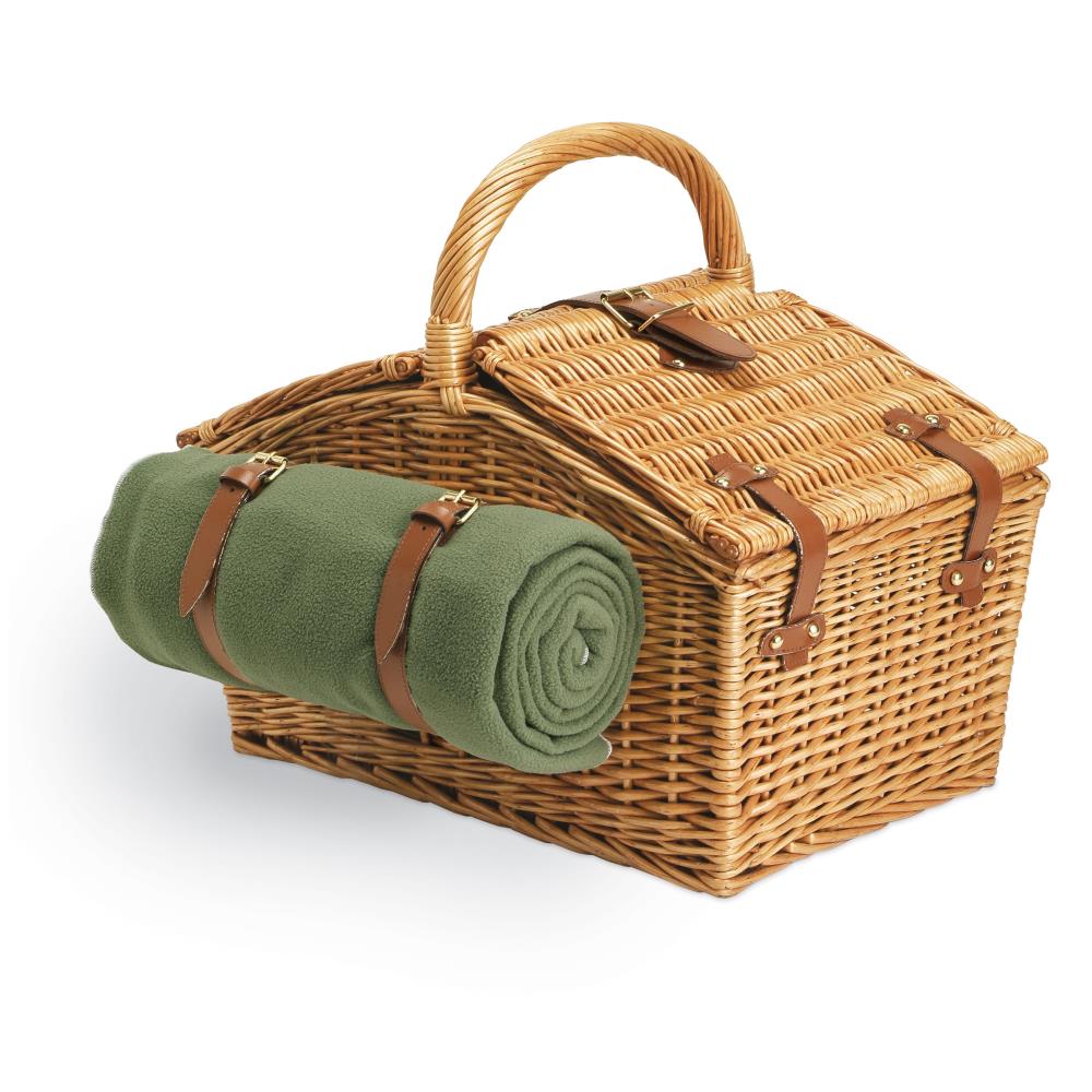 Sage Green with Stripes Picnic Time Somerset English-Style Double Lid Willow Picnic Basket with Service for 2 