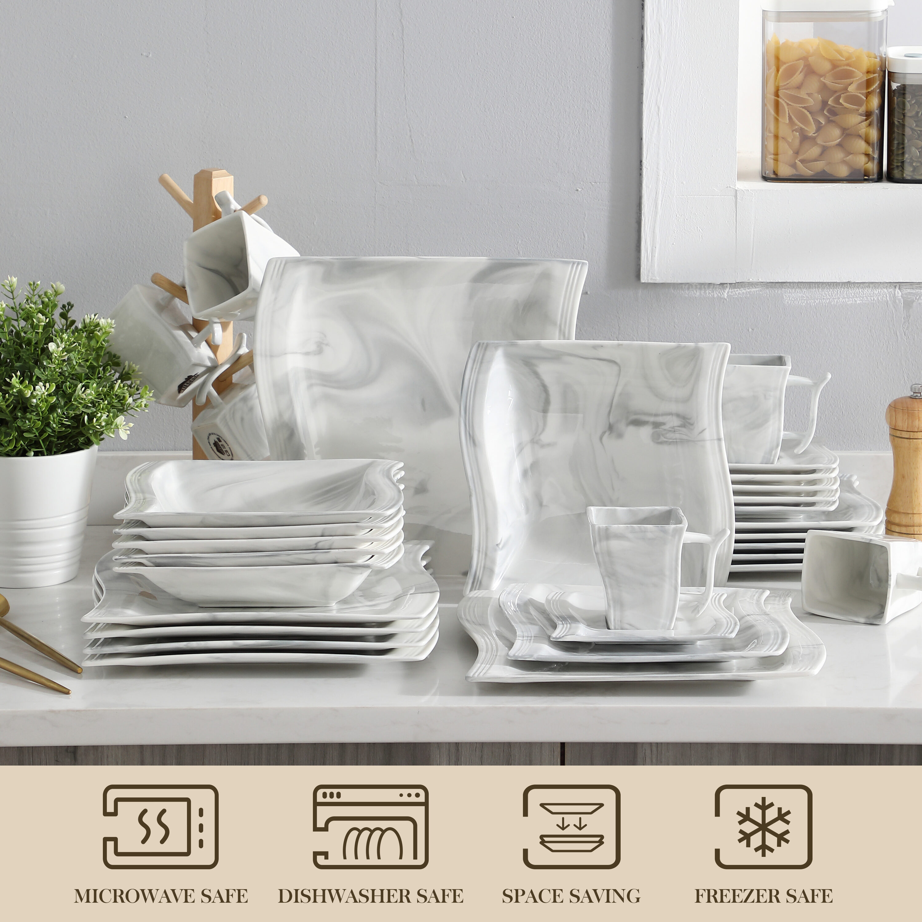 MALACASA Dinnerware Sets, 24-Piece Porcelain Square