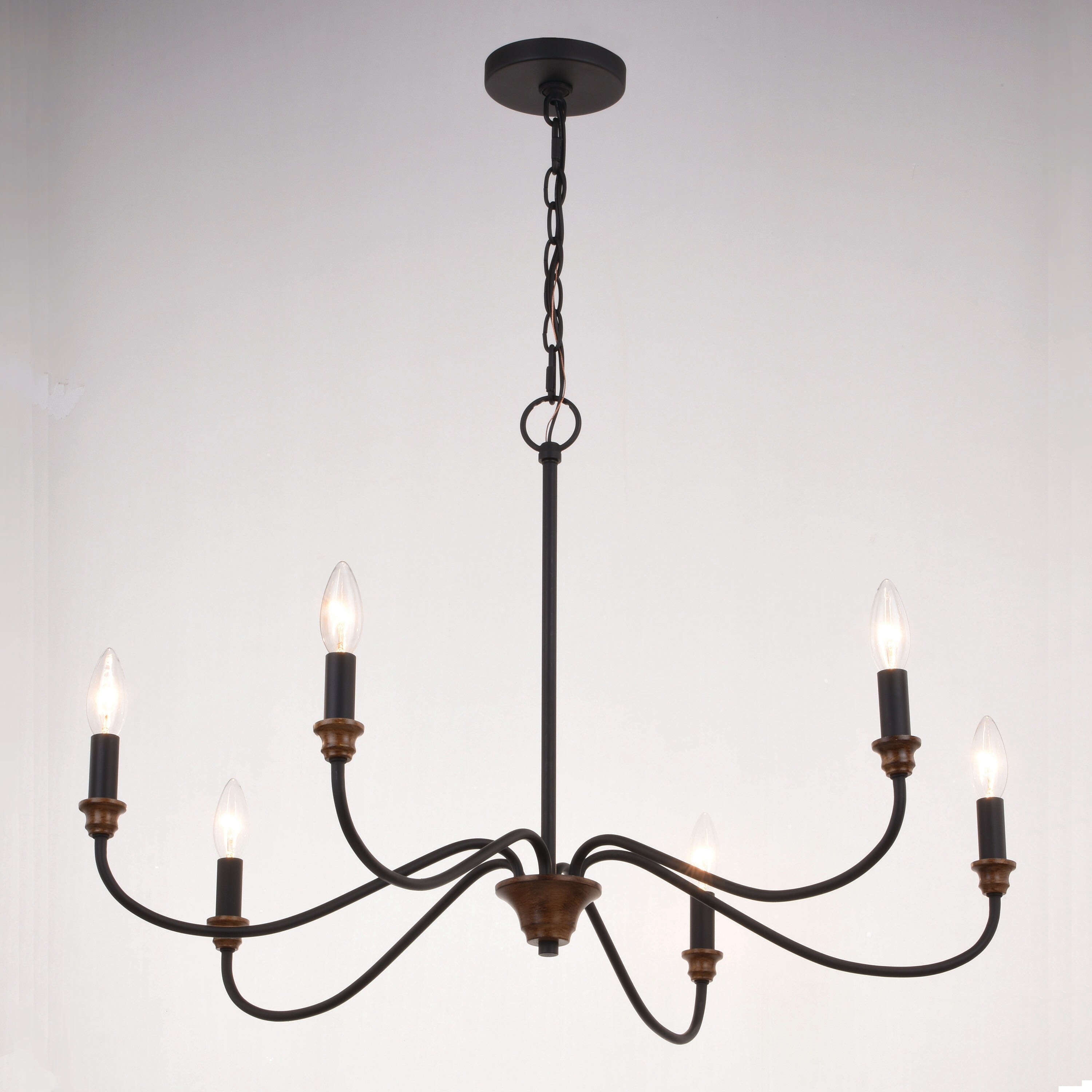 Annabelle 30" Matte Black & Brushed Walnut 6-Light Chandelier