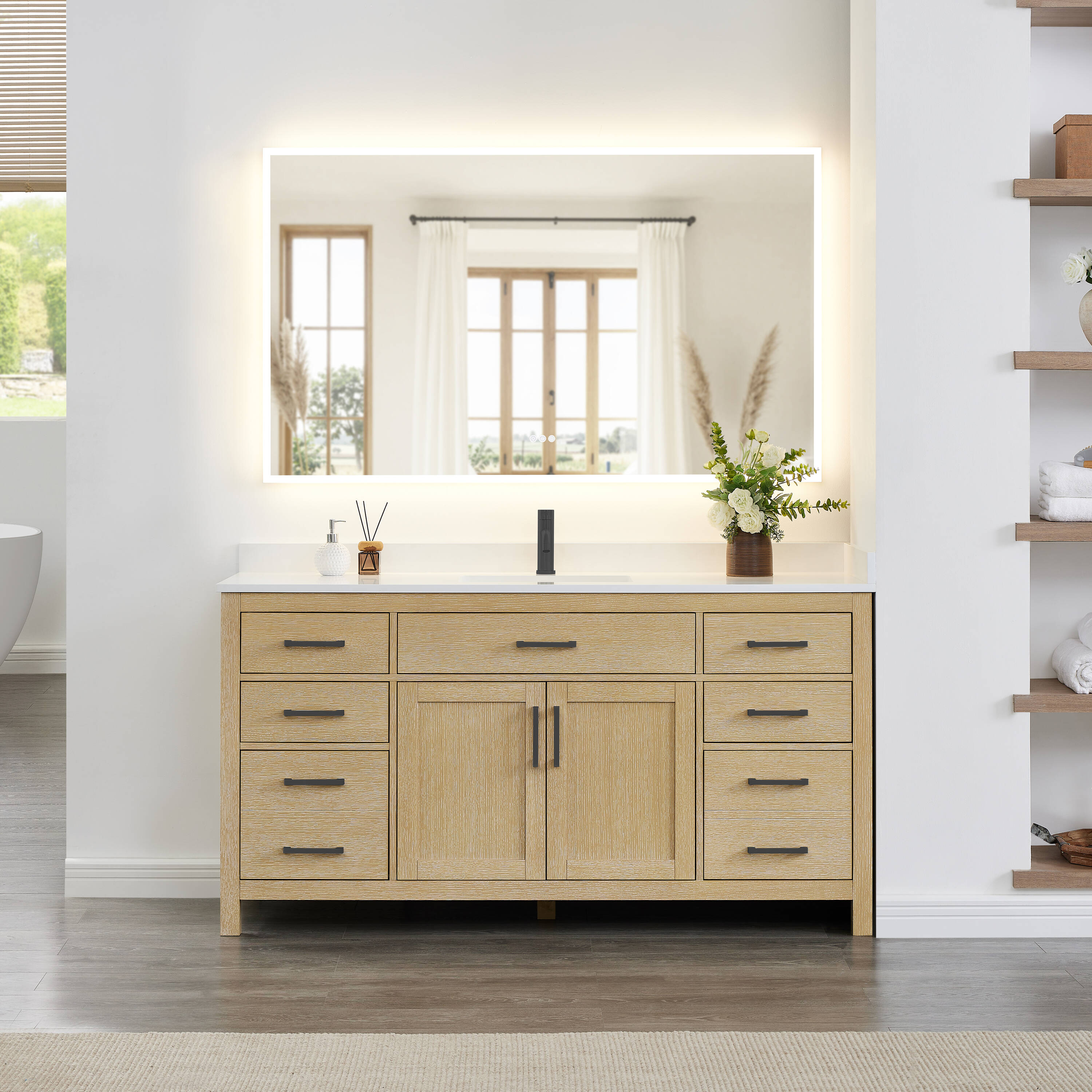 Wyndham Collection Beckett 66-in Whitewashed Oak with Matte Black Trim Undermount Single Sink Bathroom Vanity with White Cultured Marble Cultured Marble Top