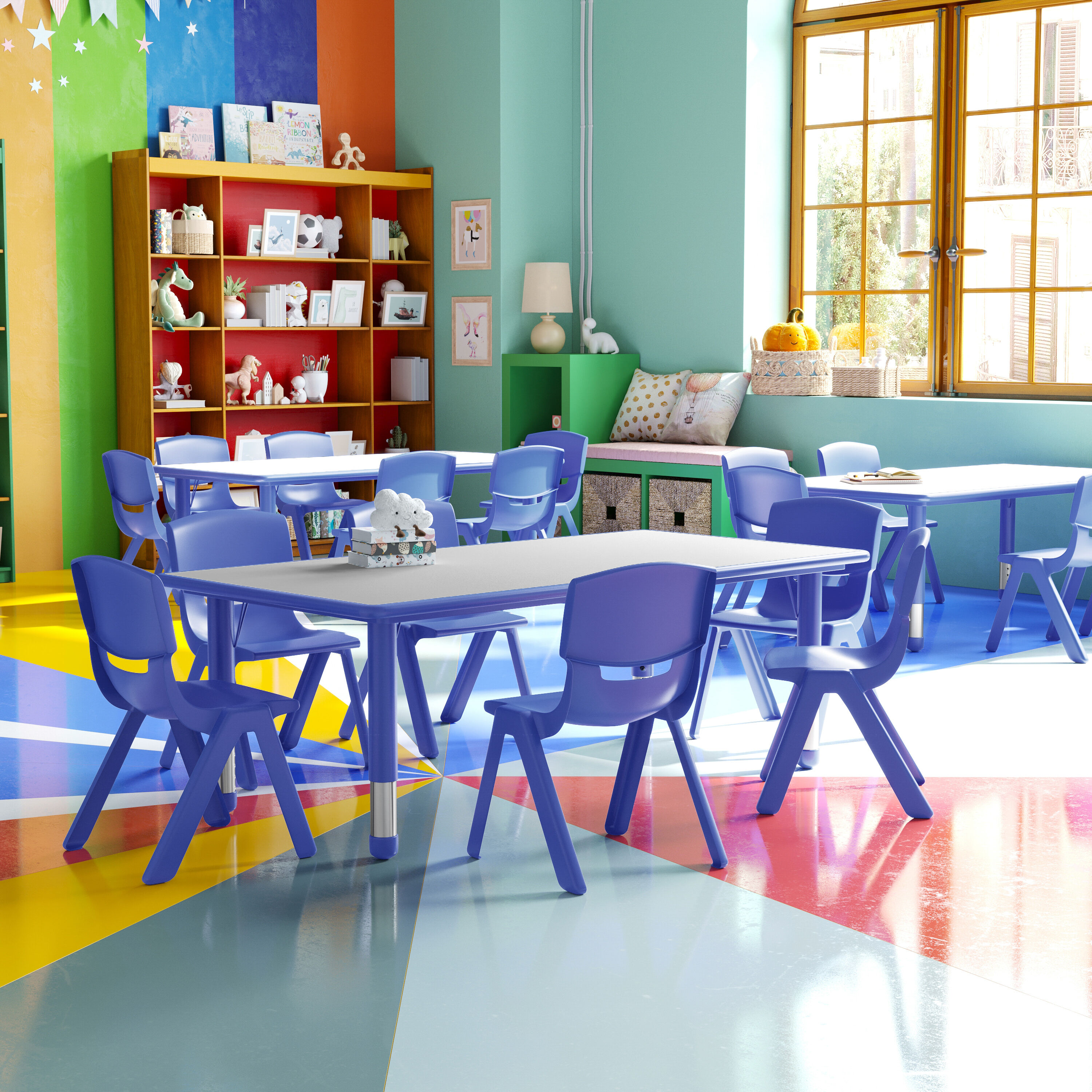 Emma + Oliver - 23.625-in W x 47.25-in L Blue Plastic Activity Table Set-6 Chairs