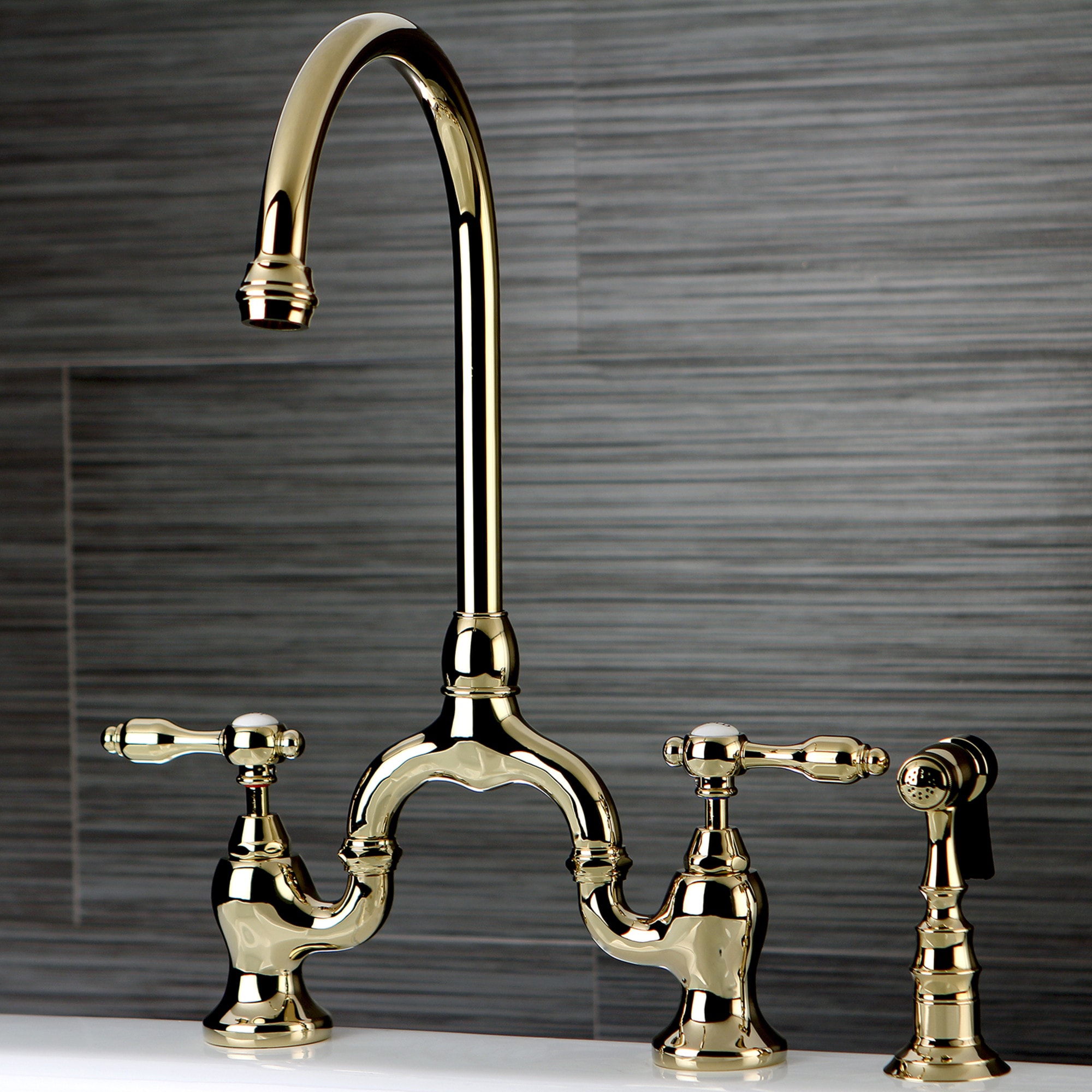 Kingston Brass WLKS7792TALBS Tudor Polished brass Single Handle Deck-mount Bridge Kitchen Faucet with Sprayer ( Side Sprayer Included )