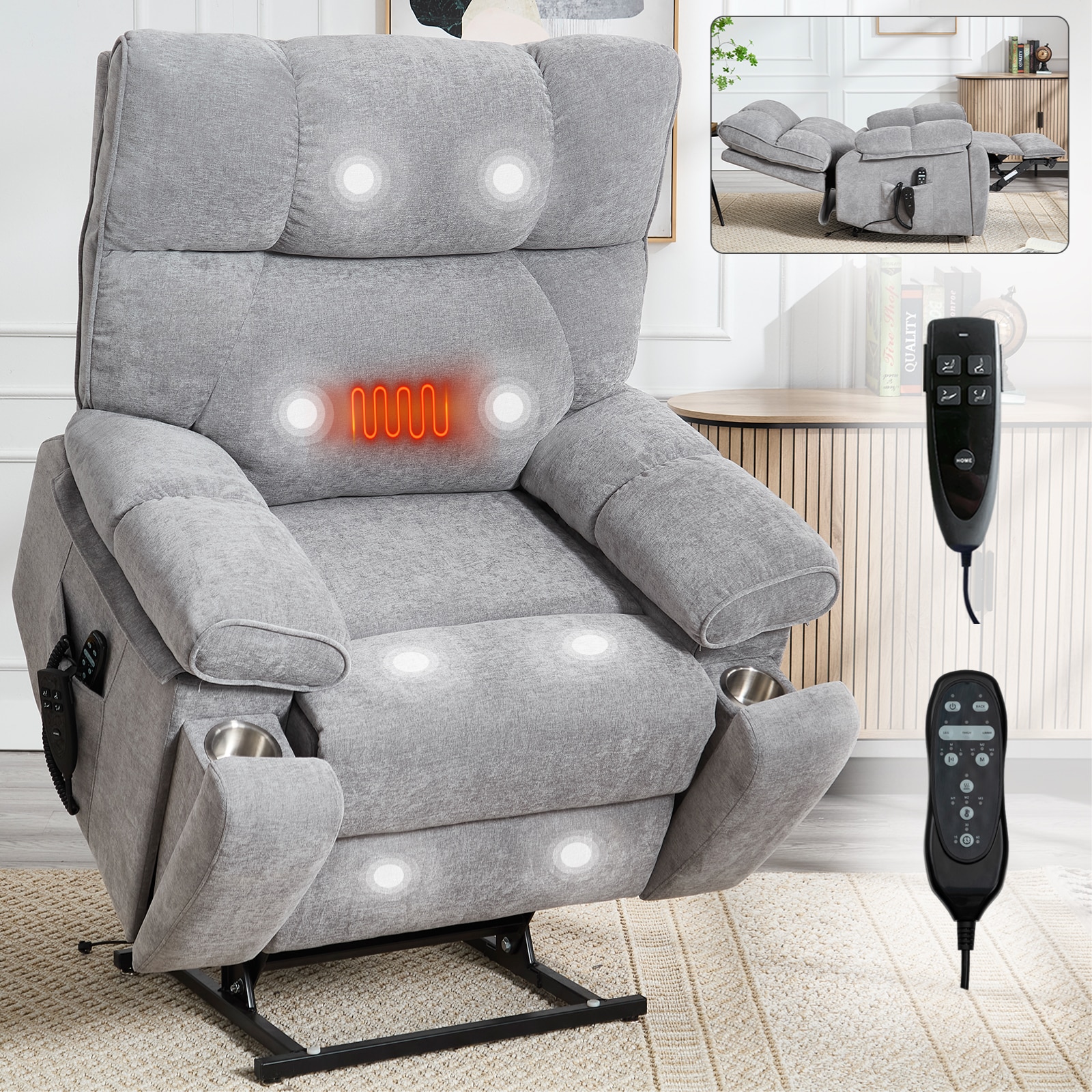 Tatayosi RY-3P264031 Oversized Grey Dual Motor Power Lift Recliner Chair with Massage Heat and Hidden Cup Holders Heavy Duty 350 lbs Capacity Electric Lift Chair