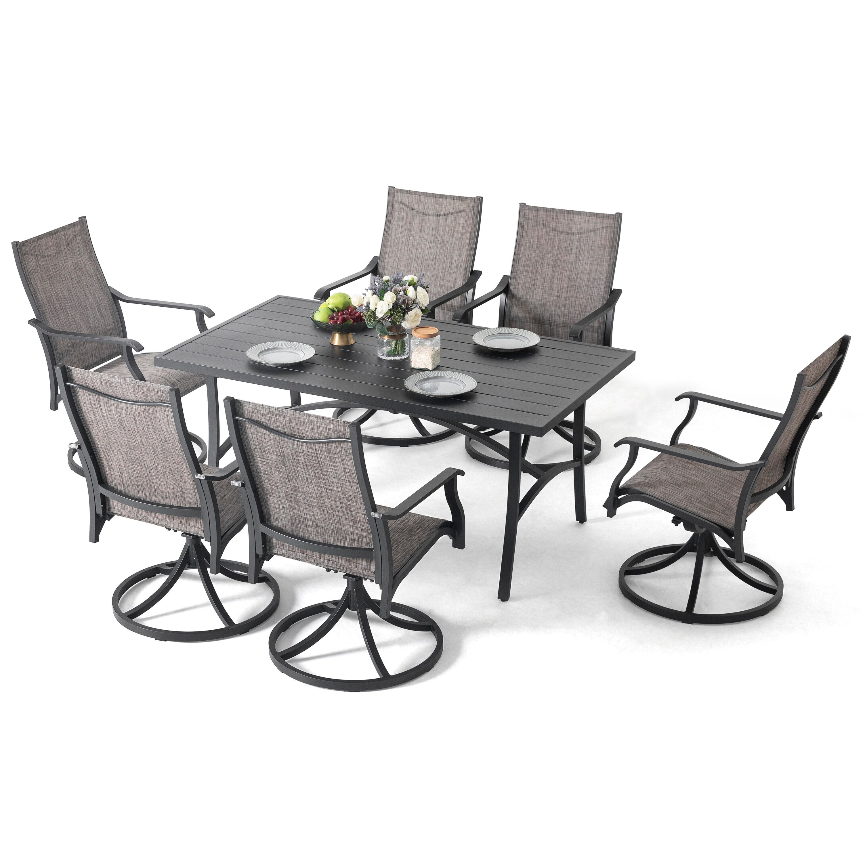 Nuu Garden 7-Piece Black Patio Dining Set Aluminum Rectangle Table with ...