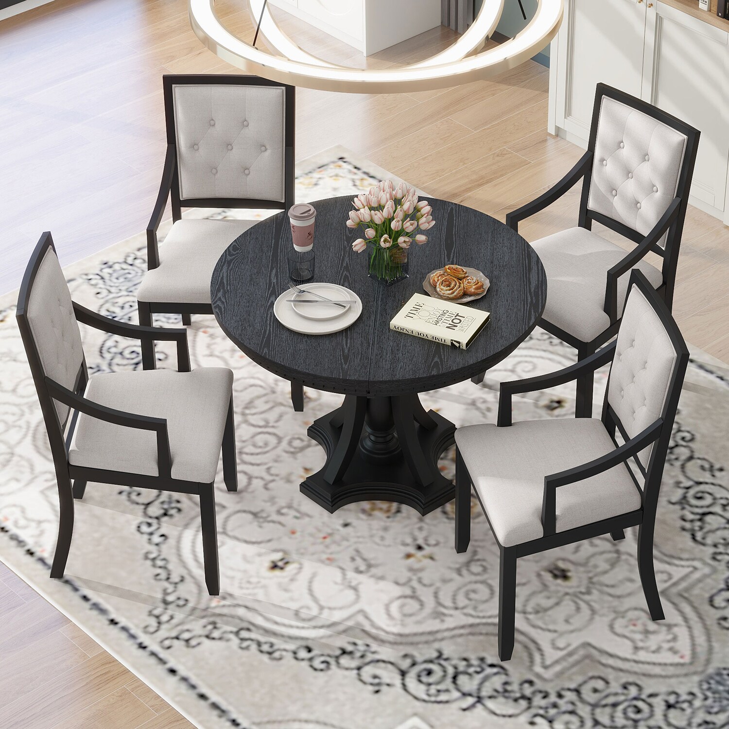 SINOFURN Gray + Black Rustic Dining Room Set with Round Table (Seats 4 ...