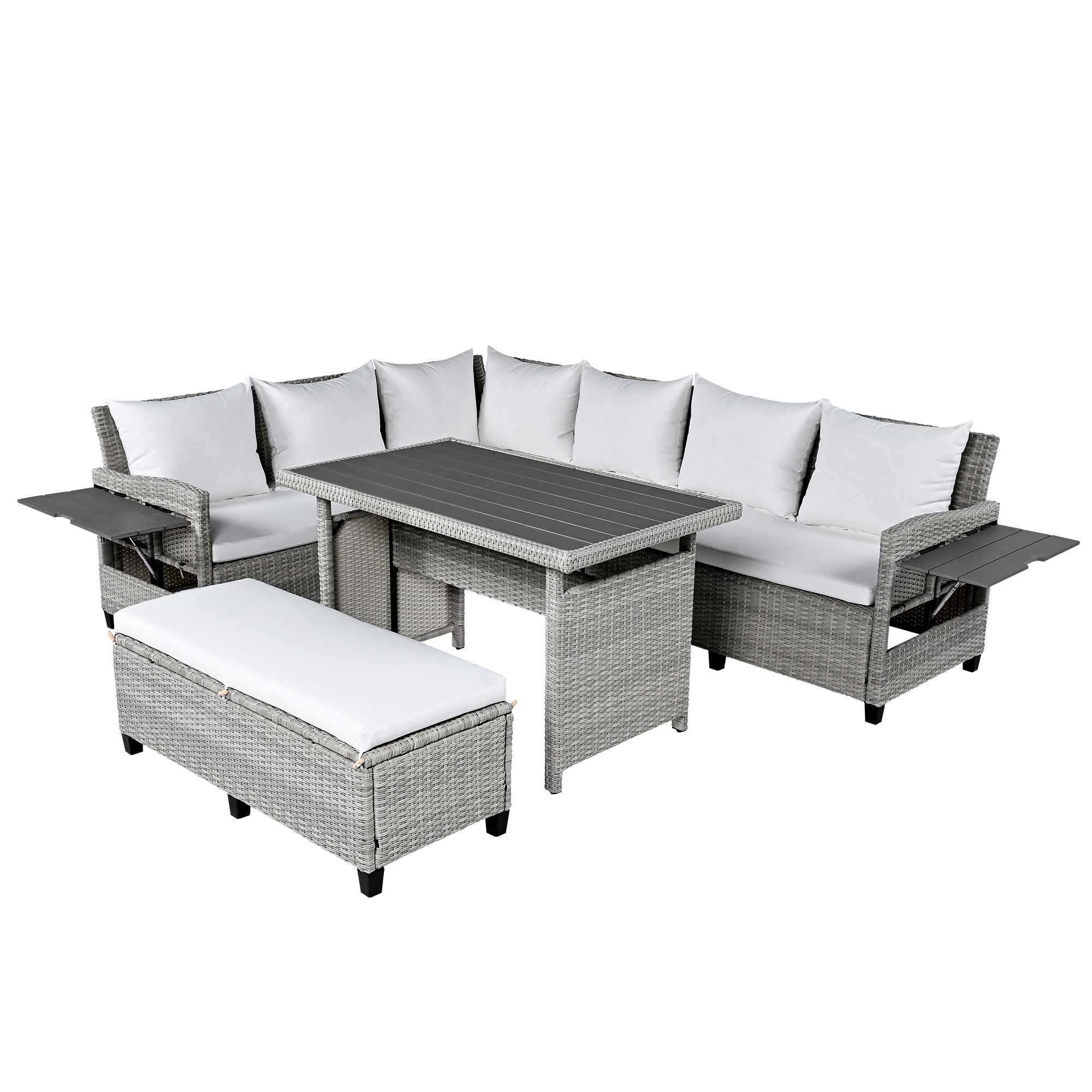 Bybafun YA7100014 Rattan Outdoor Sectional with White Cushions and Rattan Frame