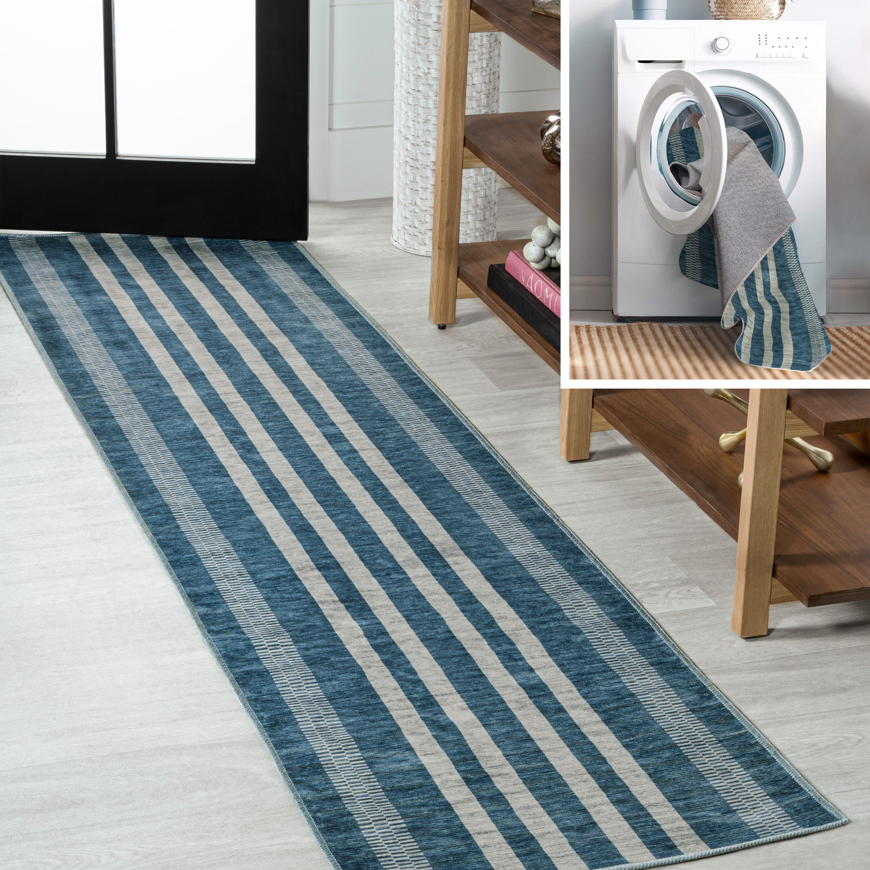 JONATHAN  Y WSH122D-28 WASHABLE Vichy Geometric Striped 2 x 8 (ft) Loomed Polypropylene Blue/Cream Rectangular Indoor Abstract Farmhouse/Cottage Machine washable Runner rug
