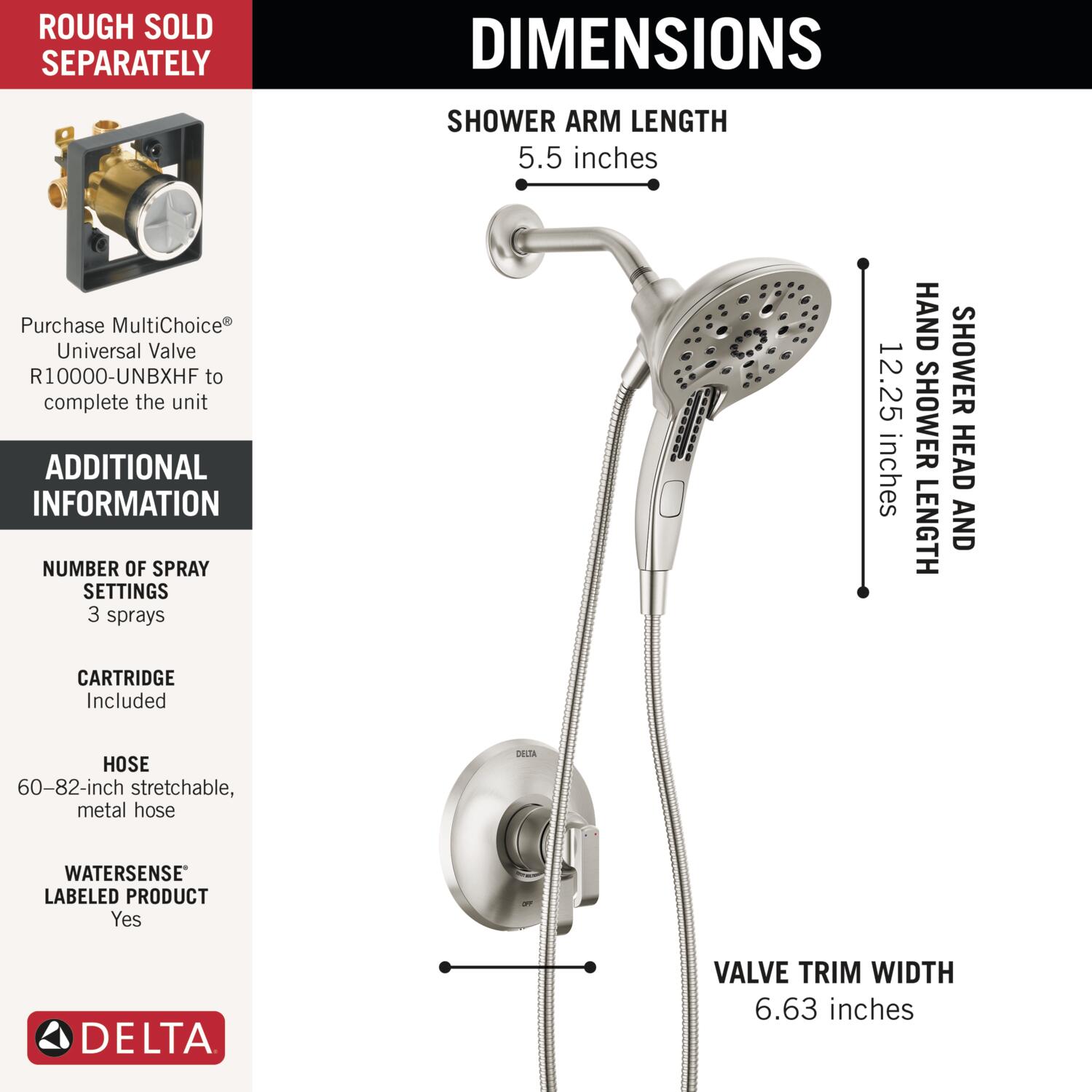 Delta Tetra Lumicoat Stainless 2 Handle Multi Function Round Shower