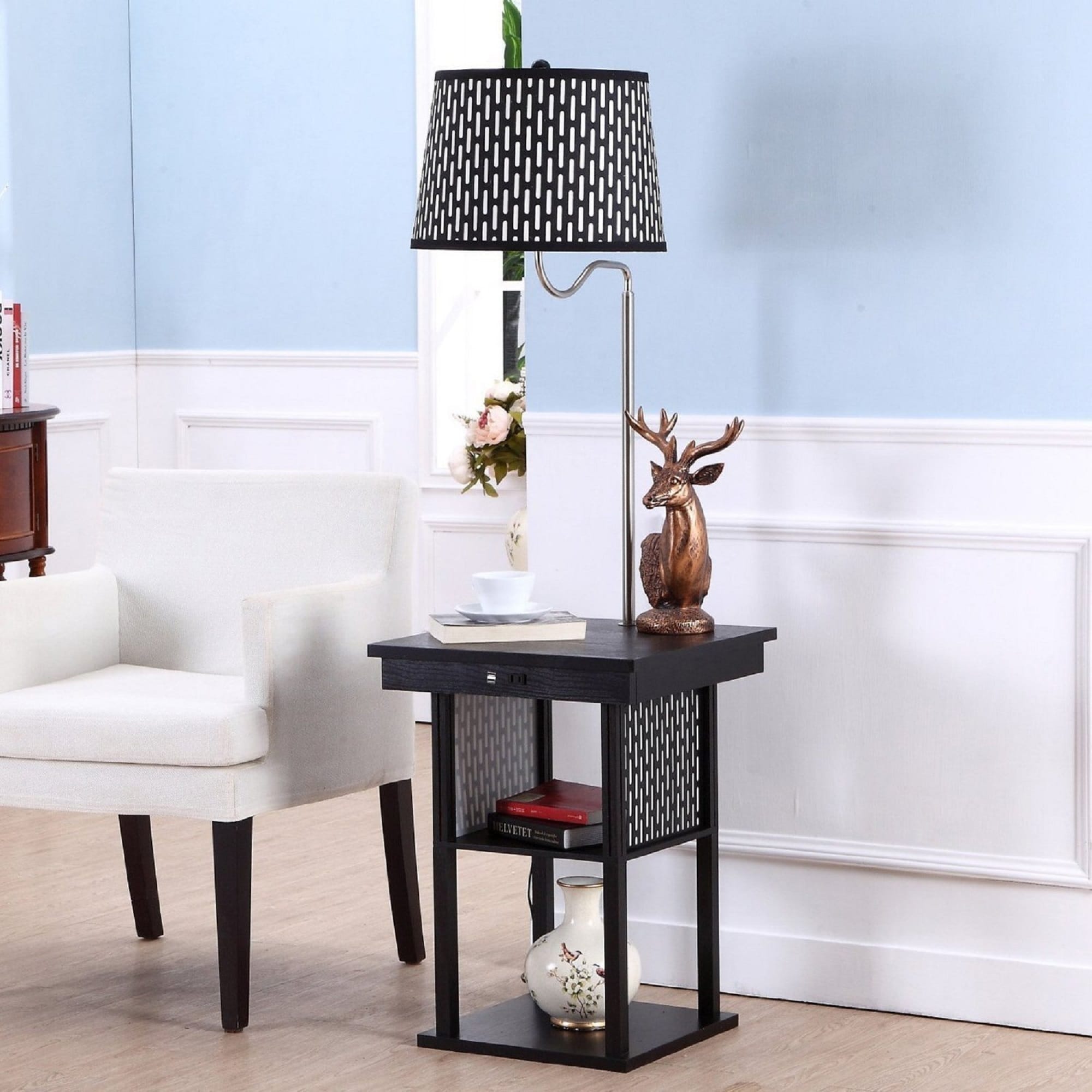 Black Adjustable Kids Shelf with Built-In Lamp and USB