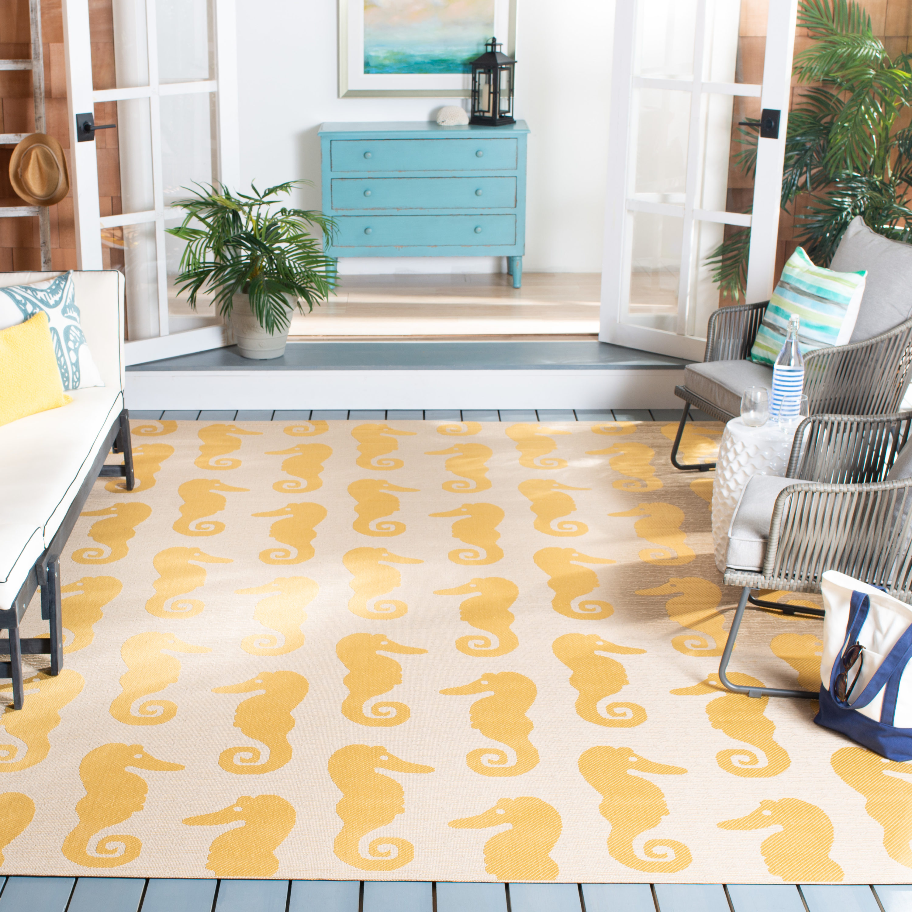 Beige and Yellow Seahorse Indoor/Outdoor Area Rug
