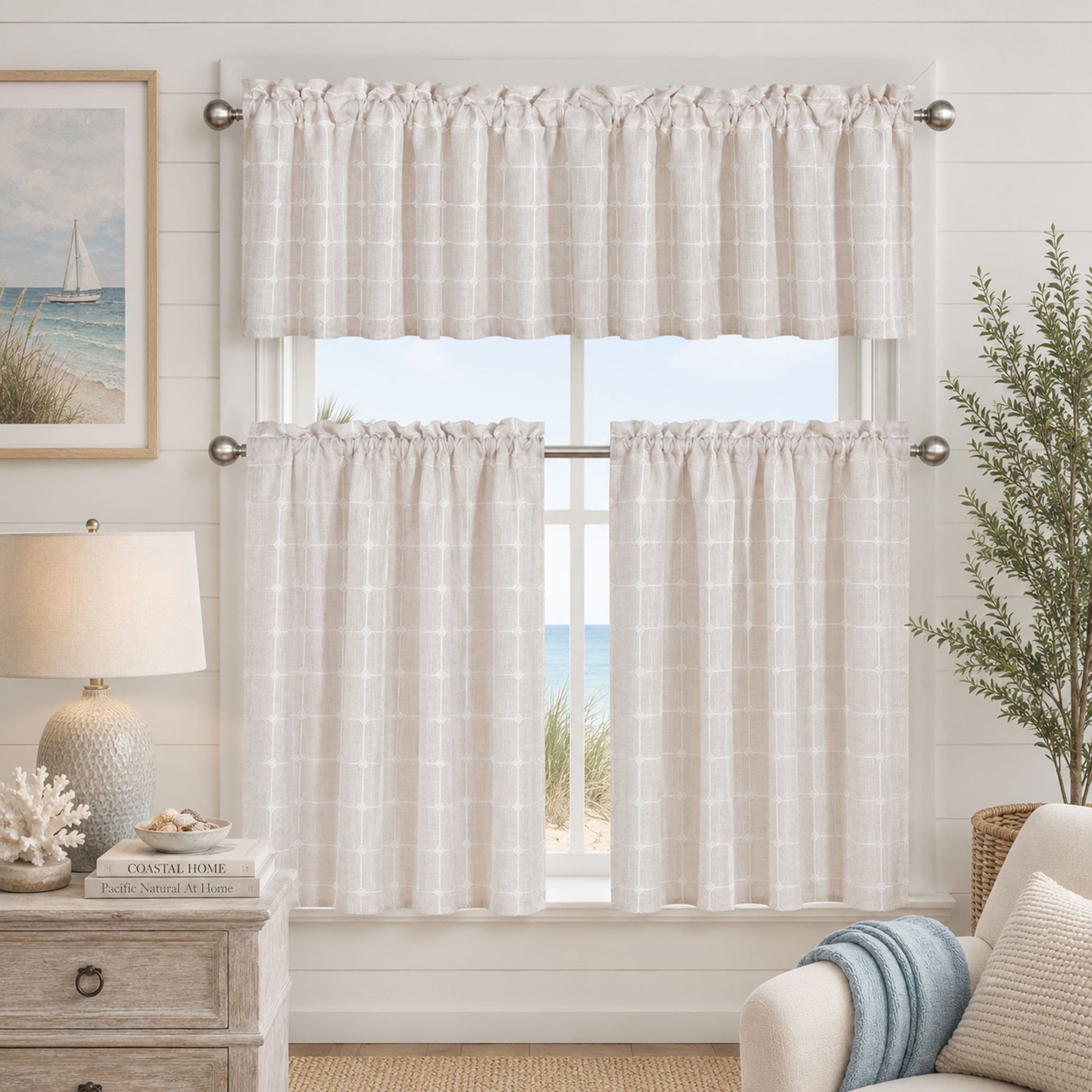 KATE AURORA -  3 Piece Claire Embroidered Cafe Rod Pocket Kitchen Curtain Tier And Valance Set