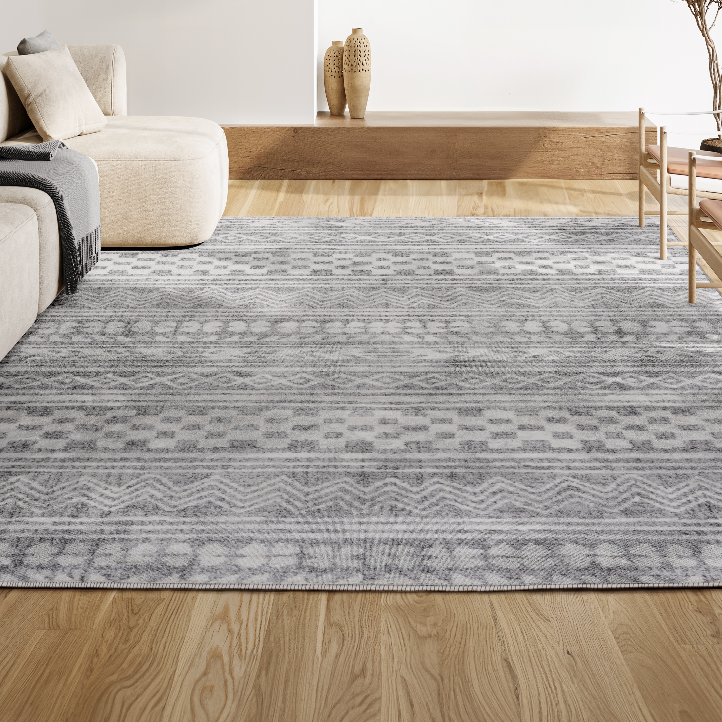 Gray and Ivory Geometric Stripe Runner Rug