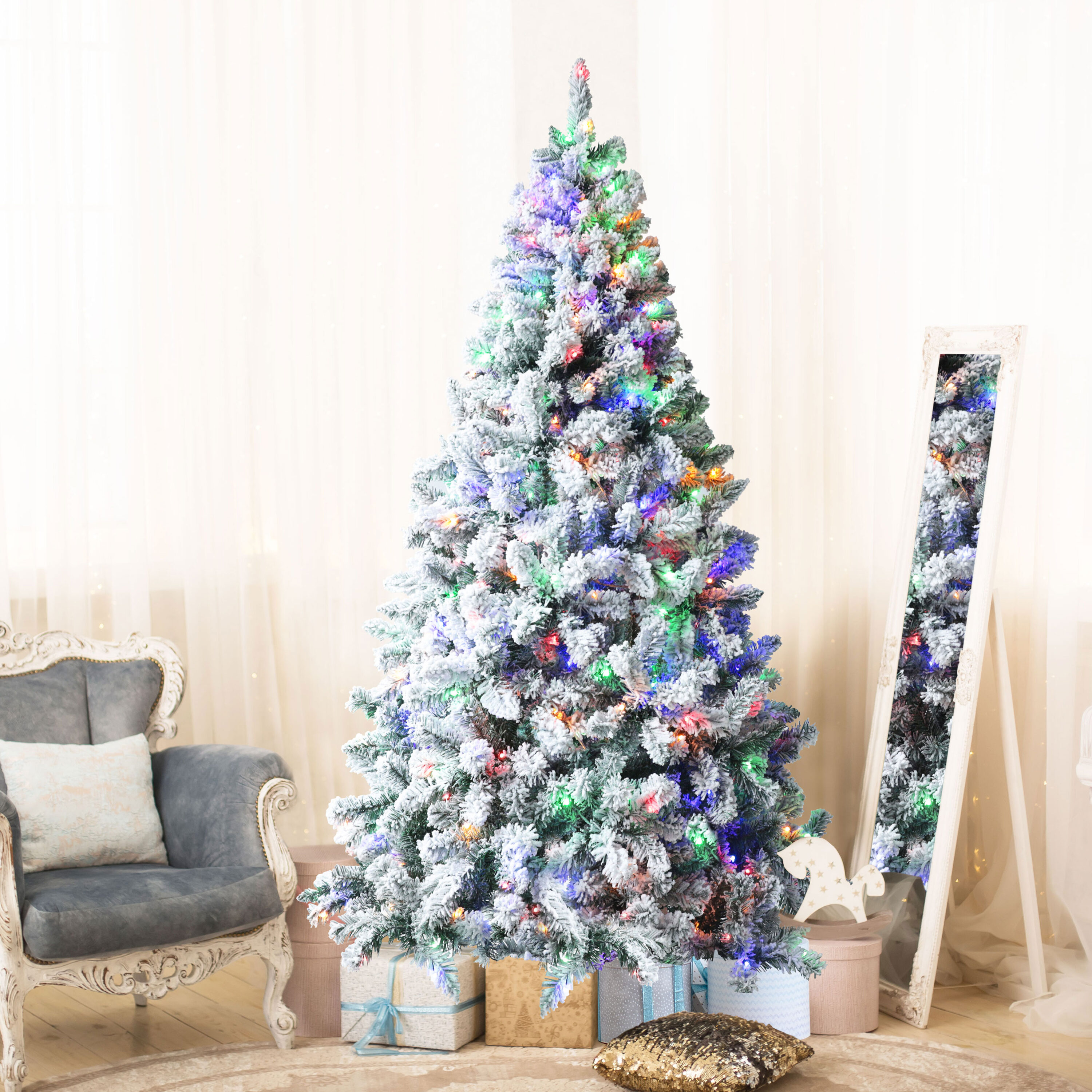 7.5 Feet Pre-Lit Hinged Christmas Tree Snow Flocked with 9 Modes Lights - Color