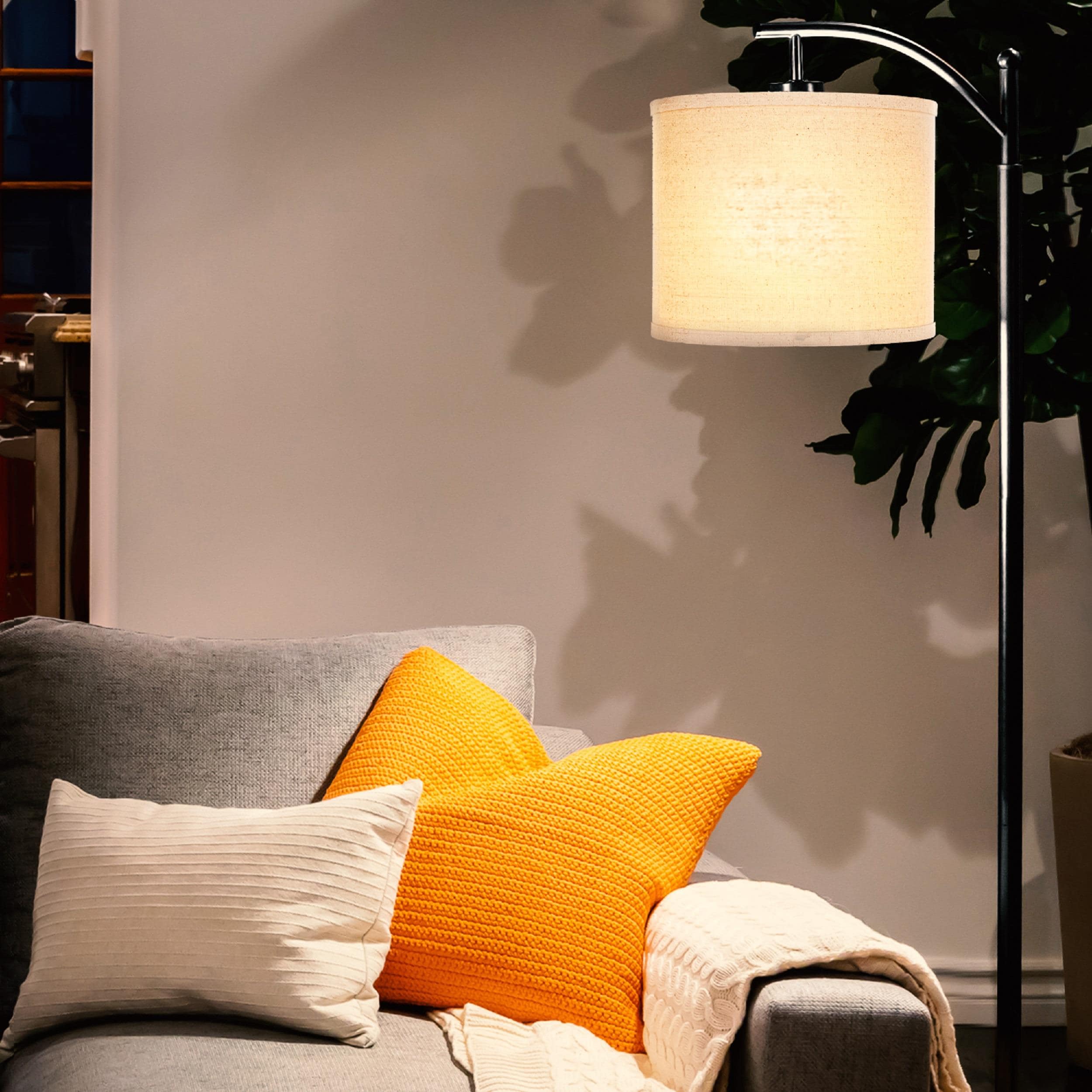 Classic Black Arc LED Floor Lamp with Tan Drum Shade