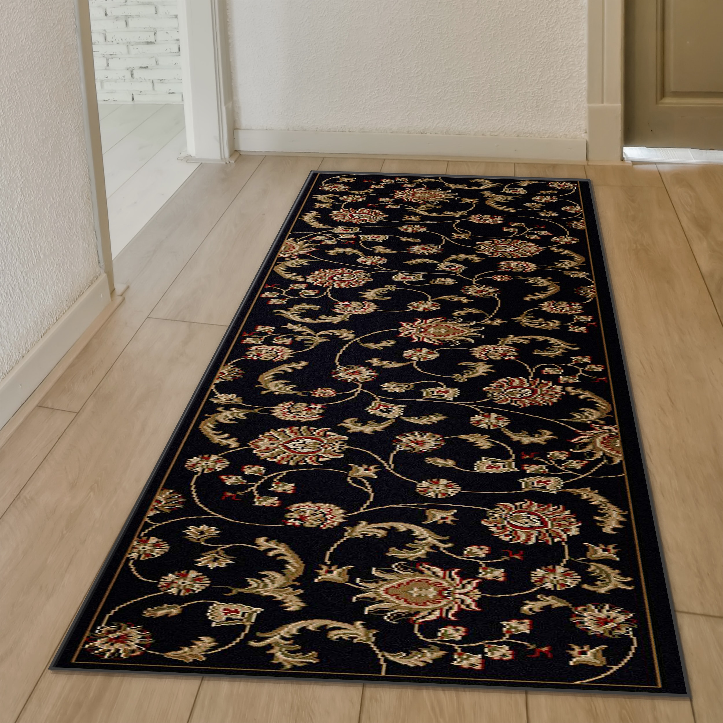 Radici USA 1835/1014/BLACK Como 2 x 8 (ft) Polypropylene Black Rectangular Indoor Floral/Botanical Oriental Runner rug