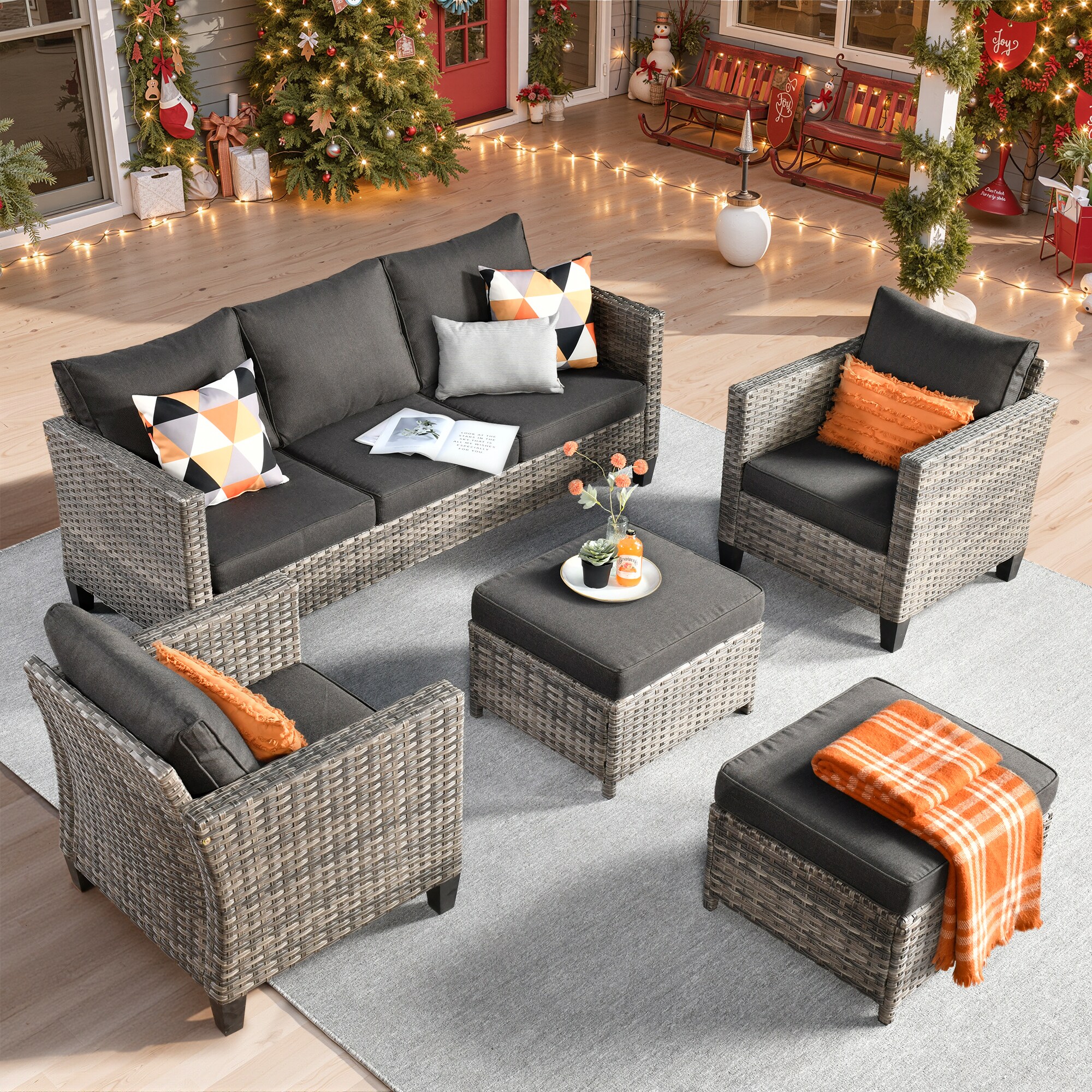 Ovios GRS100 5 -Piece Wicker Patio Sofa Conversation Set with Black Cushions