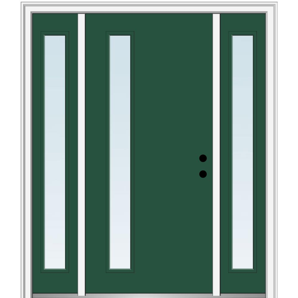 MMI DOOR ZZ348679L Spotlights 64-in x 80-in x 6-9/16-in Fiberglass Pulse lite Left-hand inswing Hunter Green Painted Prehung Front Door with Sidelights with Brickmould Insulating core
