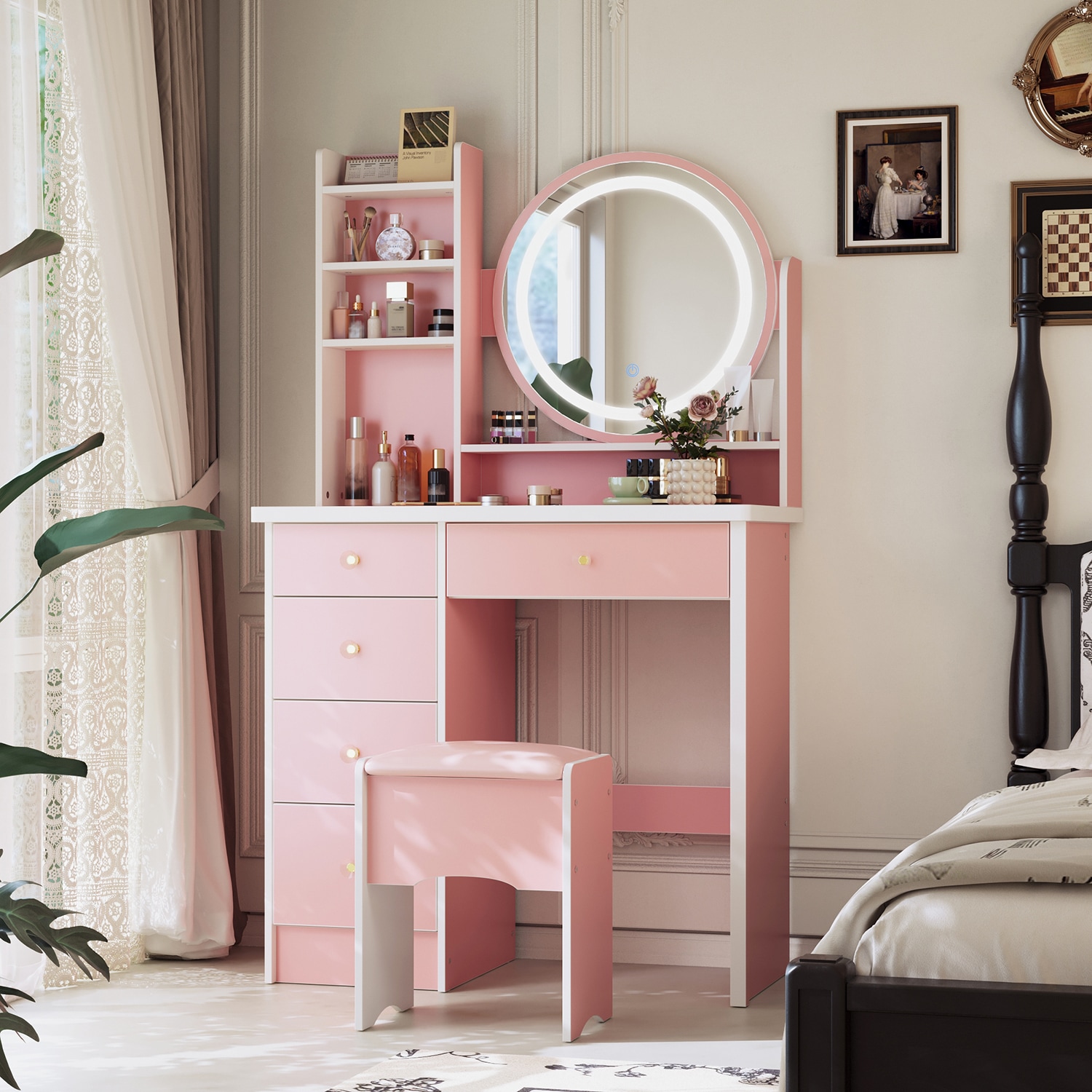 FUFU&GAGA LJY-JWL0095-04 31.5-in Pink Makeup Vanity