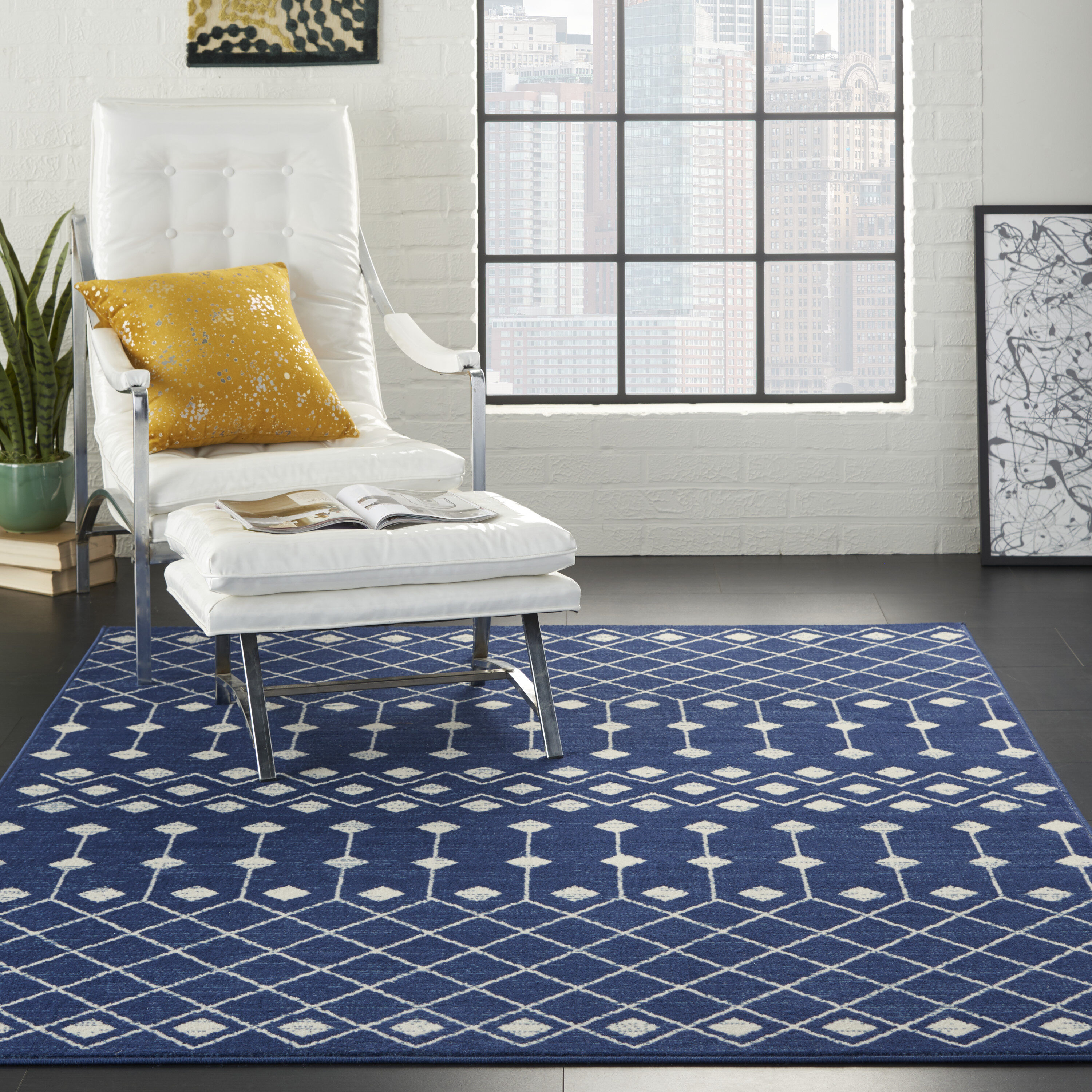 Nourison 99446753236 Grafix 5 x 8 (ft) Loomed Polypropylene Navy Rectangular Indoor Abstract Area rug