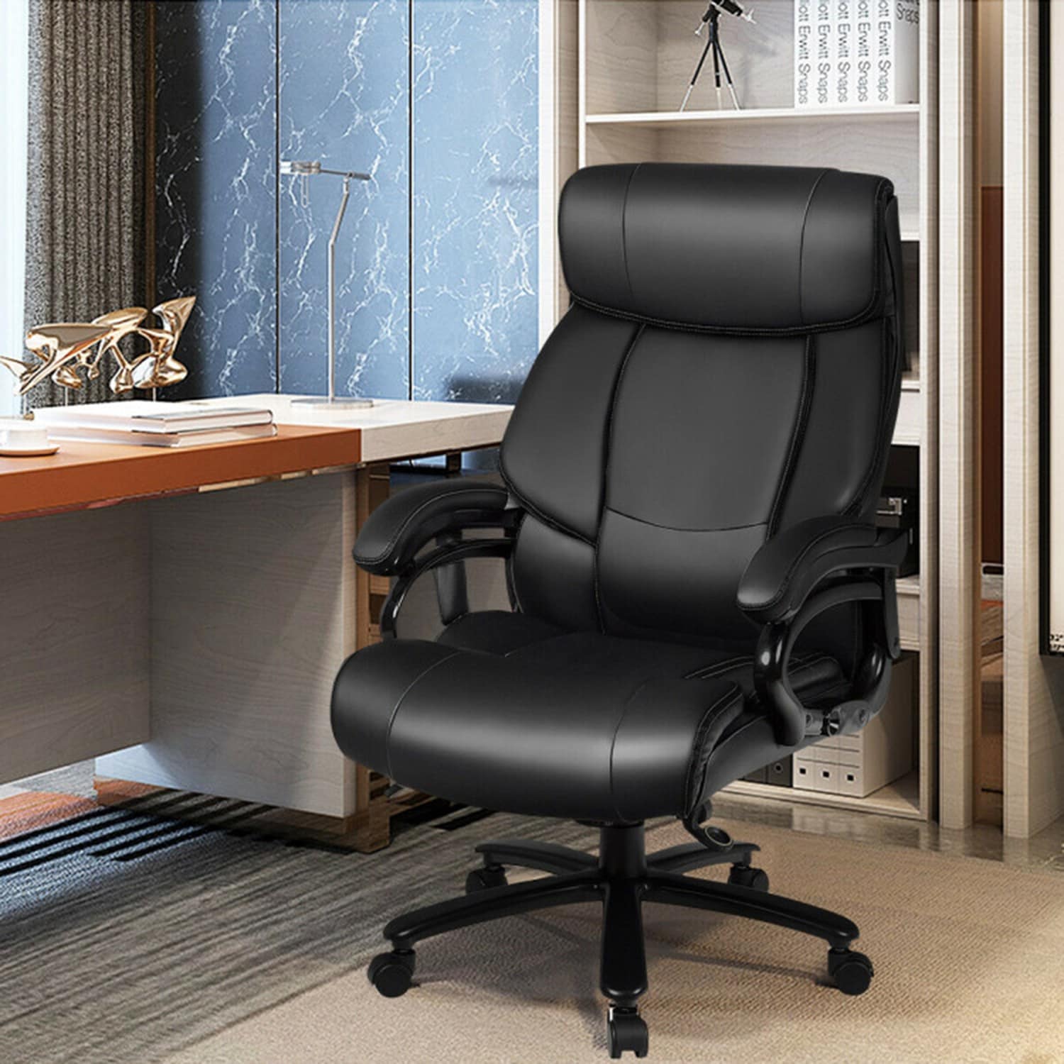 Big and Tall Black Leather Deep Cushion Desk Chair