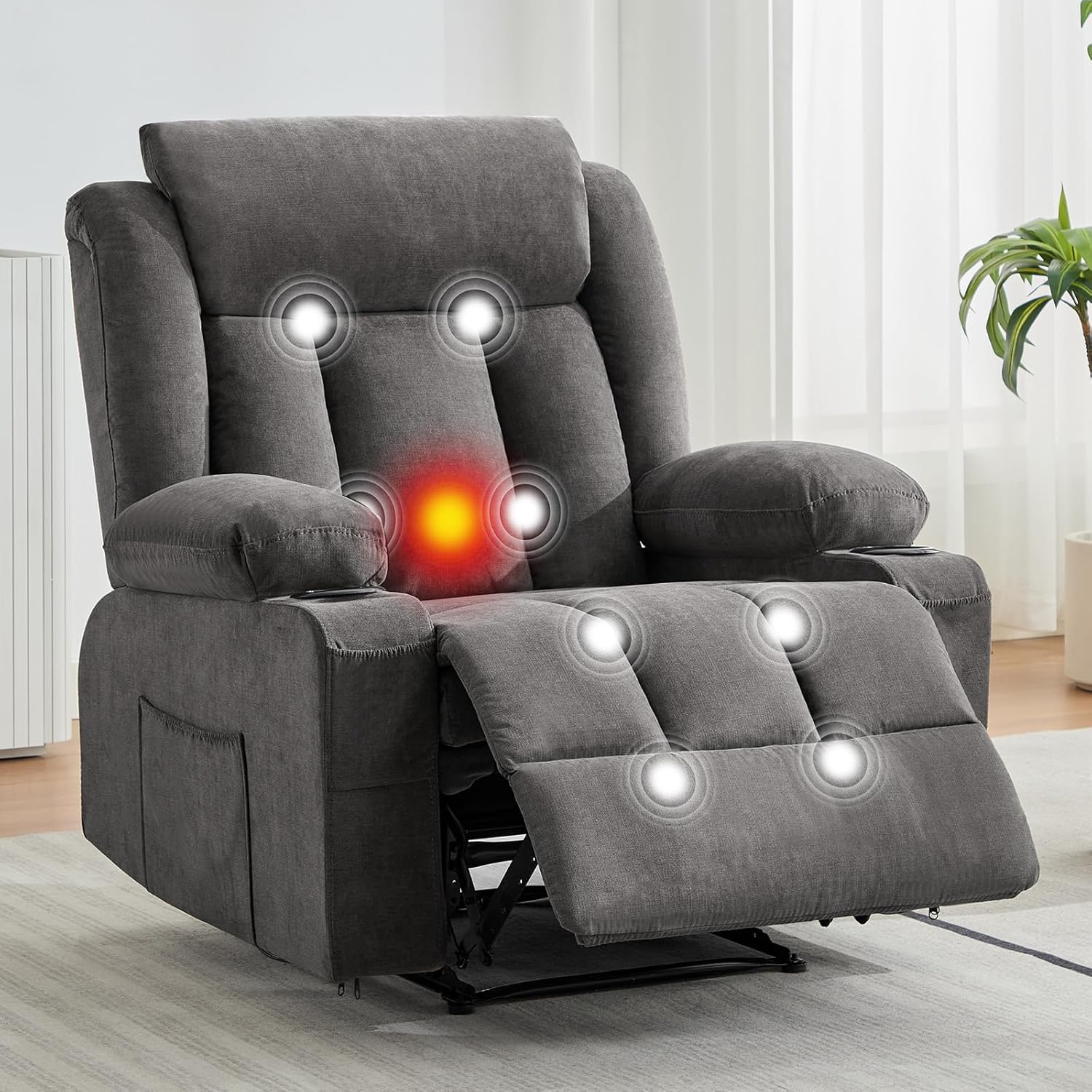 Garvee Manual Recliner Chair with 8 Section Vibration Massage Heat Swivel Glider Rocking Overstuffed Lounge Chair with Lumbar Heating Gray