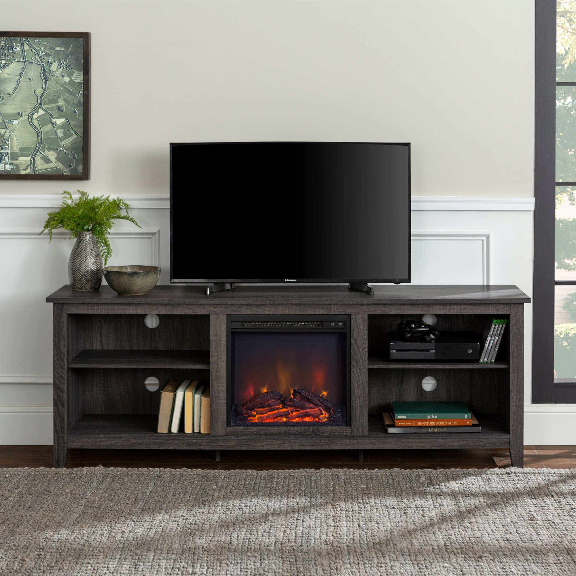 Walker Edison 70-in W Charcoal TV Stand with LED Electric Fireplace at ...