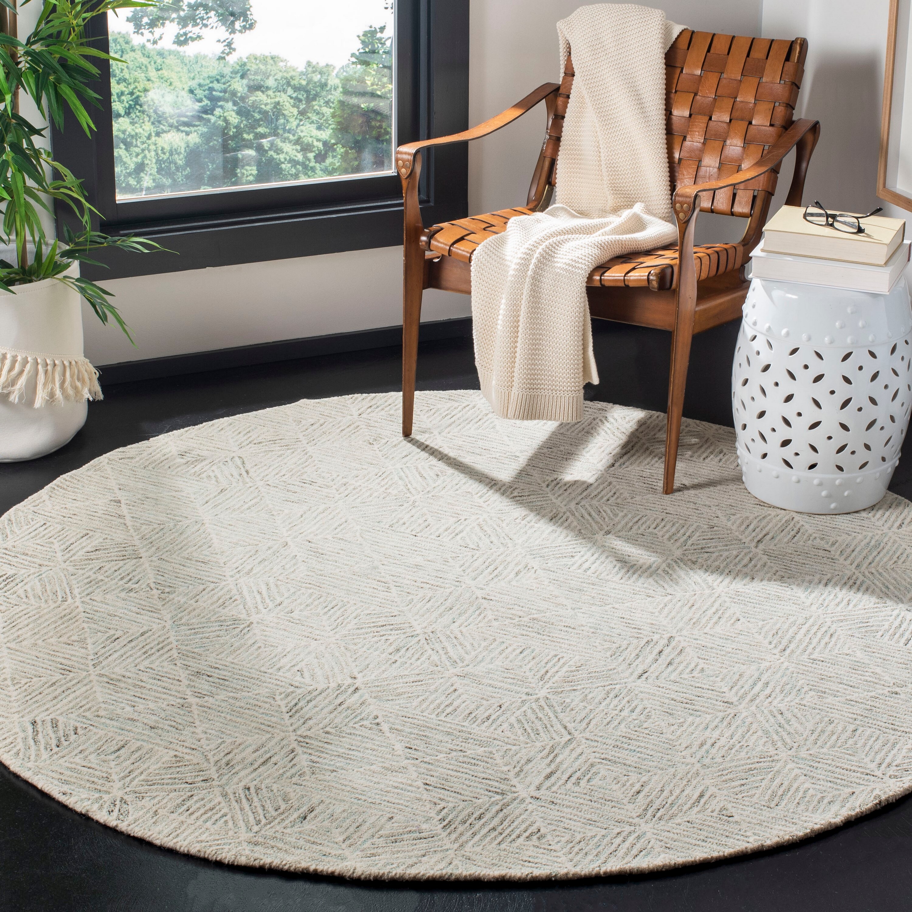 Safavieh ABT763J-4R Abstract Polinia 4 x 4 (ft) Tufted Wool Ivory/Light Blue Round Indoor Geometric Farmhouse/Cottage Area rug