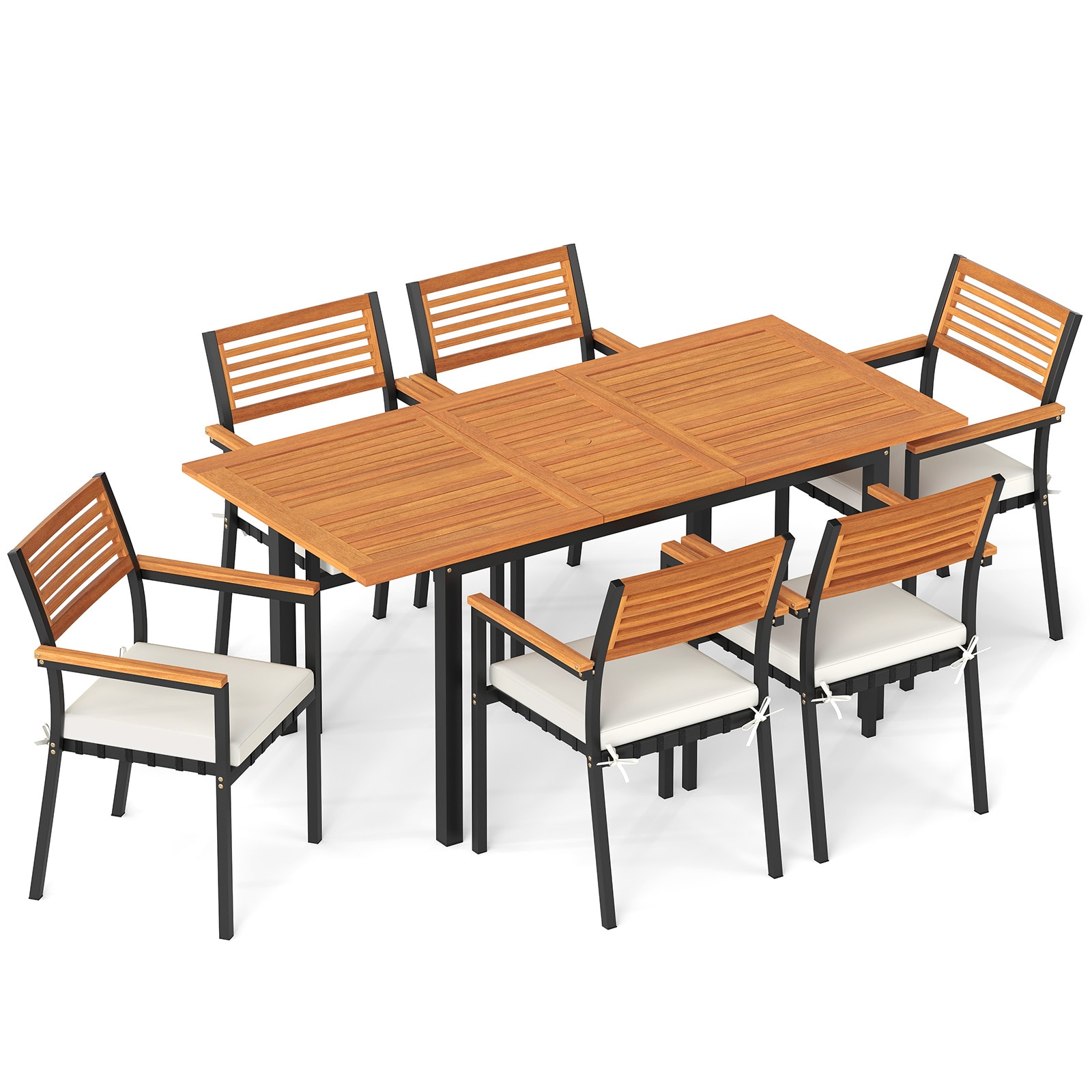 Slickblue D-CO-+HW41147WH 7 Pcs 6 Seats Rattan Dining Set - Natural and Black Finish Patio Furniture Chairs with Cushions Acacia Wood Rectangle Table – Expandable Table 51-64-Inches – Ideal for Patio Deck and Poolside