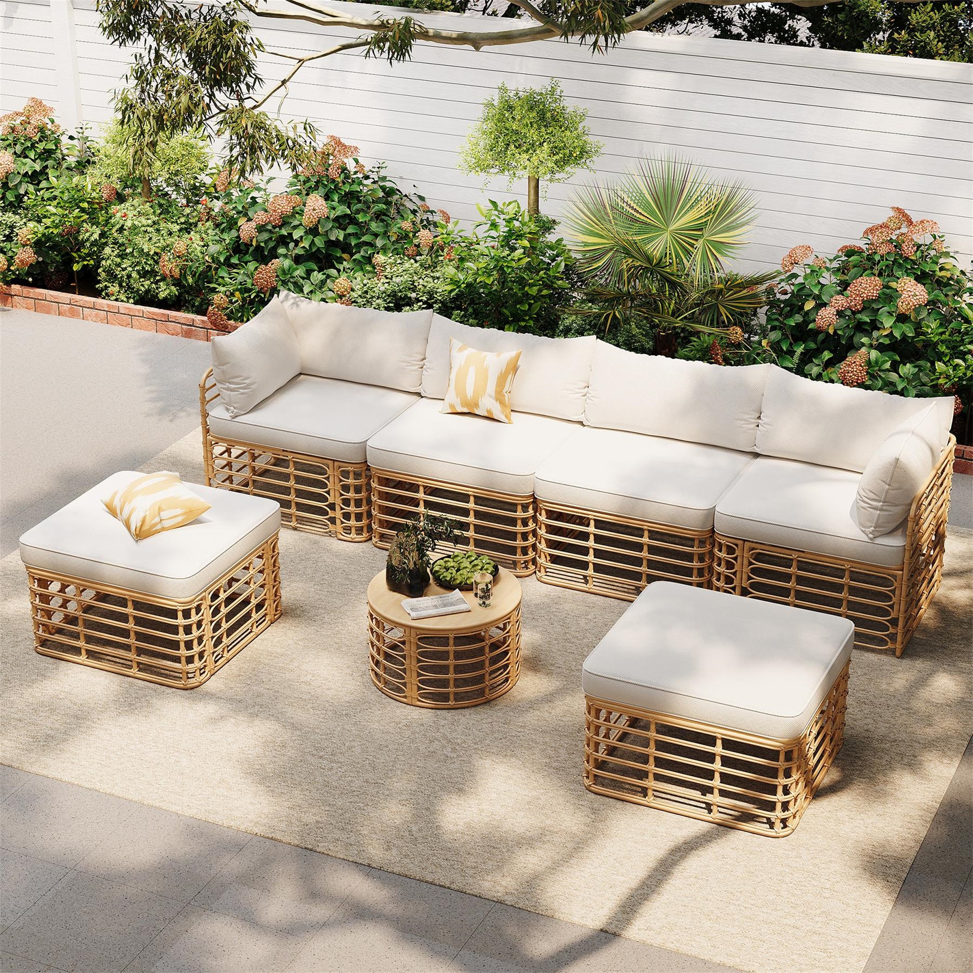 BABOOM BOM-3S00013-OR All-Weather Rattan Sectional Sofa Set 7 -Piece Rattan 2 Patio Sofa Conversation Set with Off-white Polyester Cushions