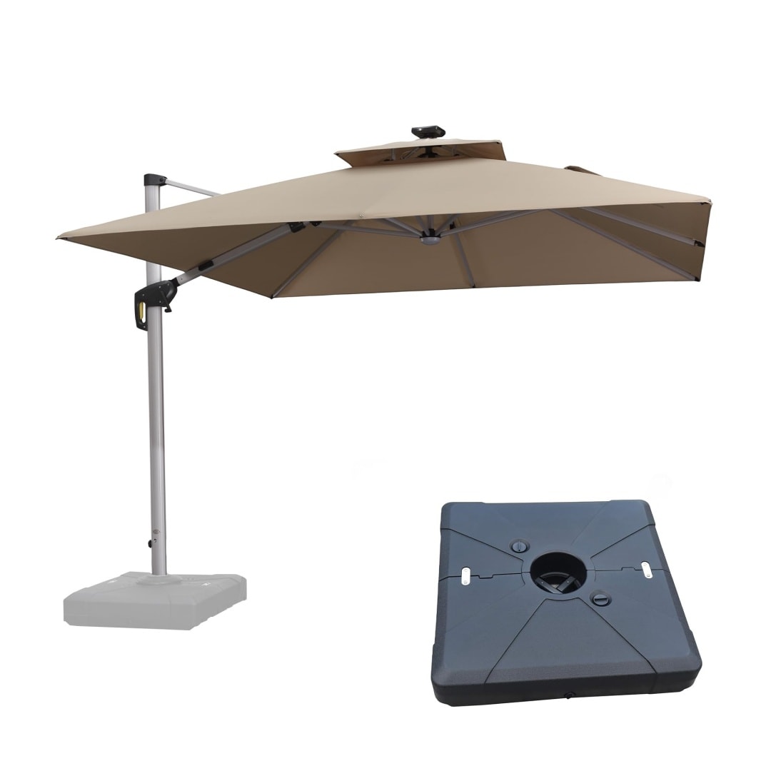 PURPLE LEAF LSGLRSDT10-KKWB 10-ft Aluminum Beige Crank Cantilever Patio Umbrella with Lights and with Base
