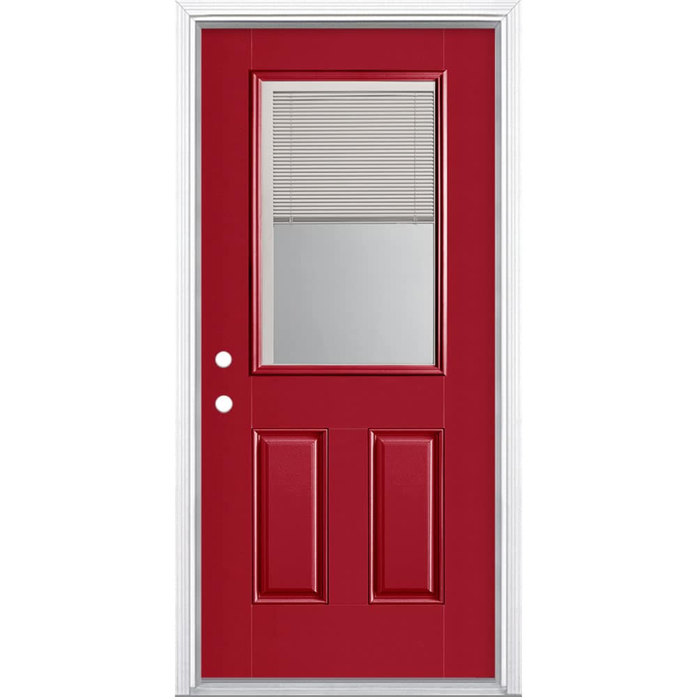 Masonite 1218474 36-in x 80-in x 4-9/16-in Fiberglass Half lite Right-hand inswing Roma Red Painted Prehung Front Door with Brickmould Insulating core with Blinds