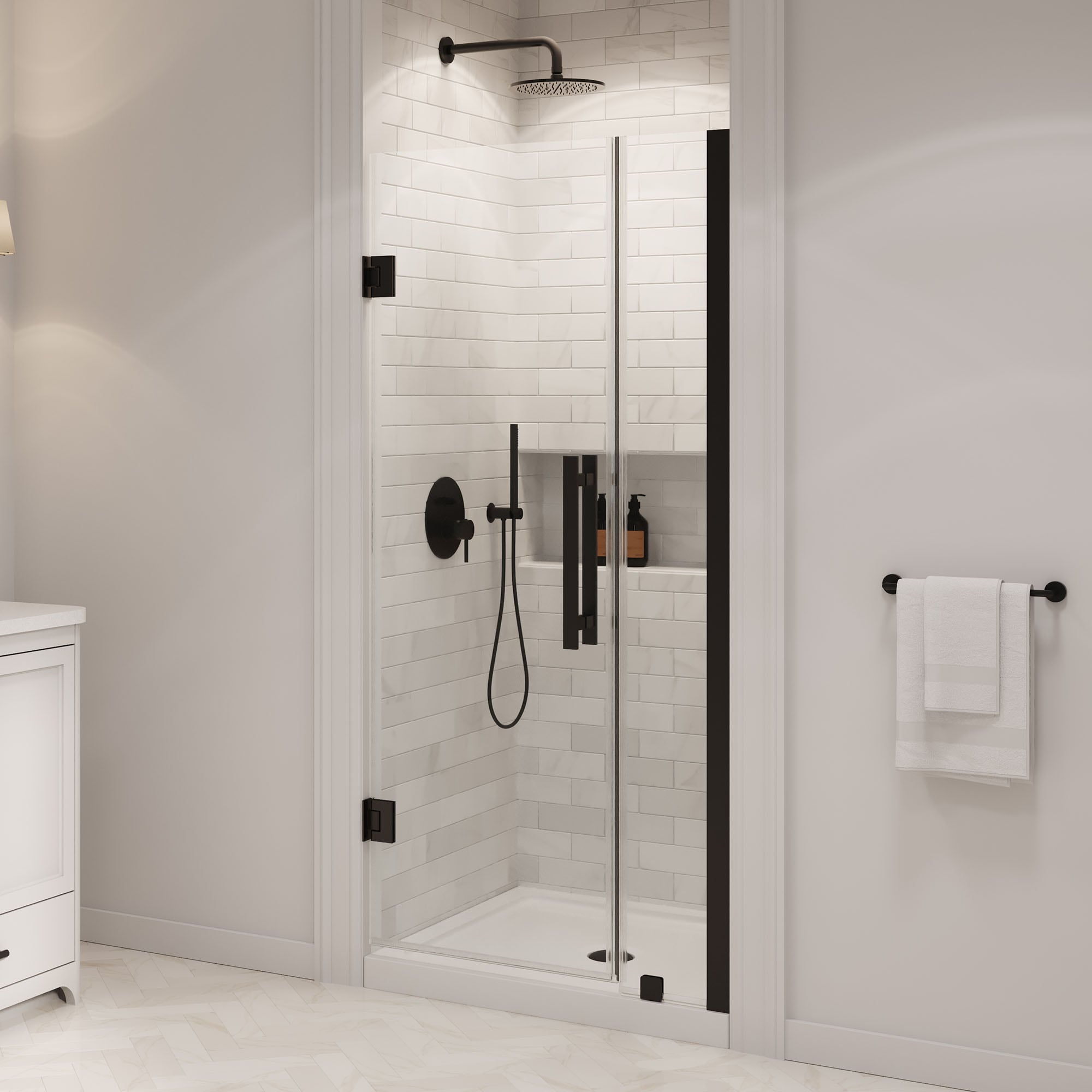 OVE Decors 15SKC-PANA36-BLK Panama 2 -Piece 32-in W x 36-in L x 75 H Rectangular Alcove shower kit ( Reversible Drain) Base and Door Black Hardware Included