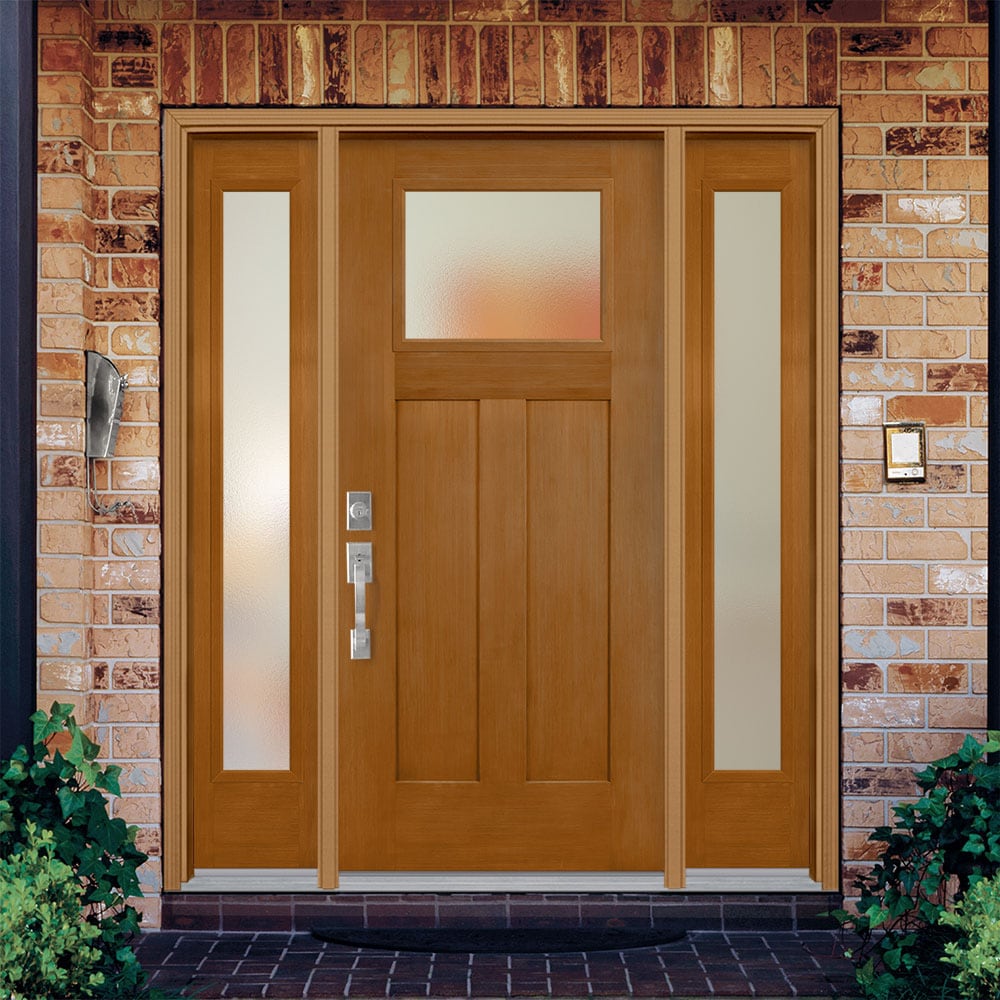 Masonite 628428 Pear Textured Glass 64-in x 80-in x 4-9/16-in Fiberglass Craftsman Right-hand inswing Oakcrest Stained Prehung Front Door with Sidelights with Brickmould Insulating core