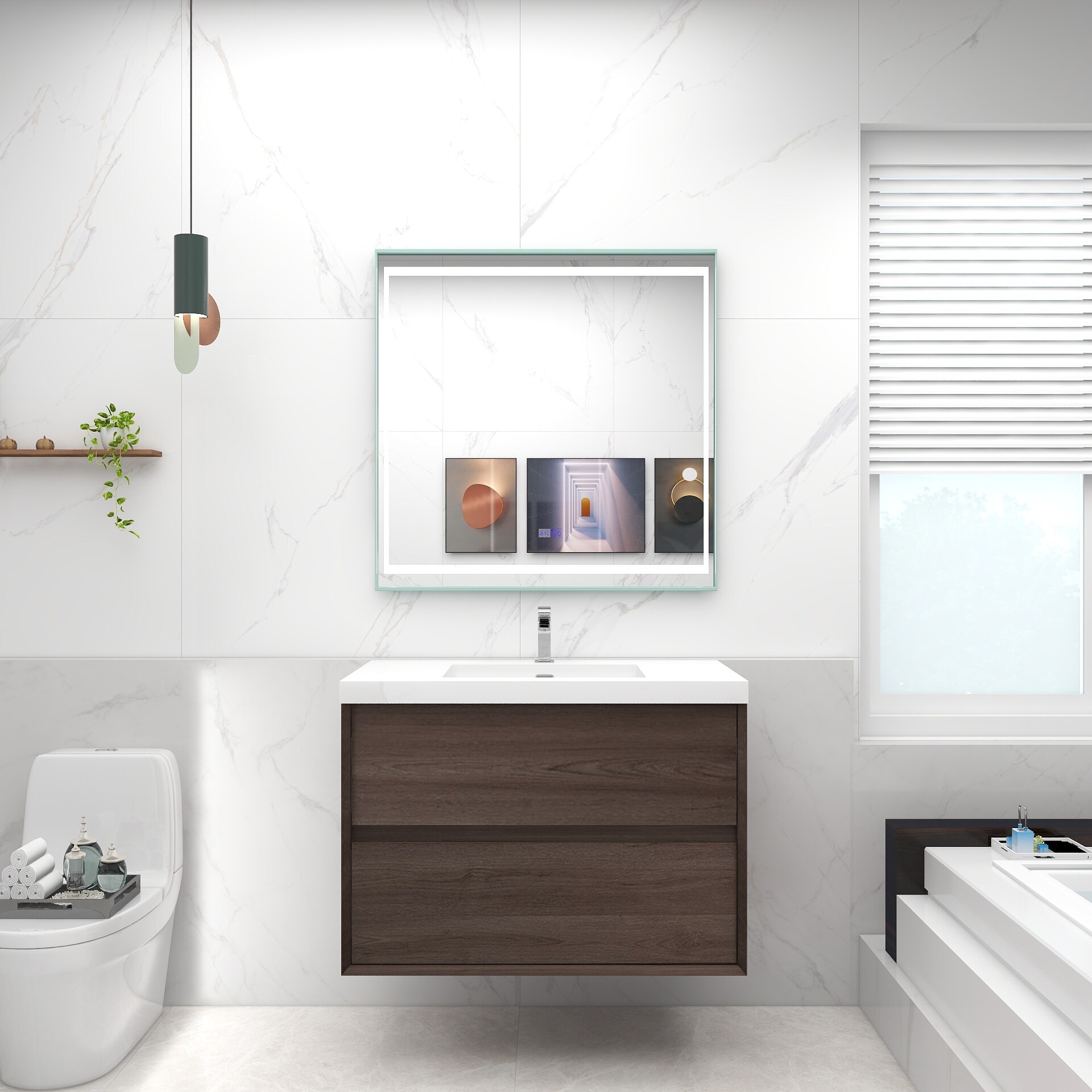 BV Better Vanity SLIM36-RO Kingdee 36-in Red Oak Single Sink Floating Bathroom Vanity with White Acrylic Top