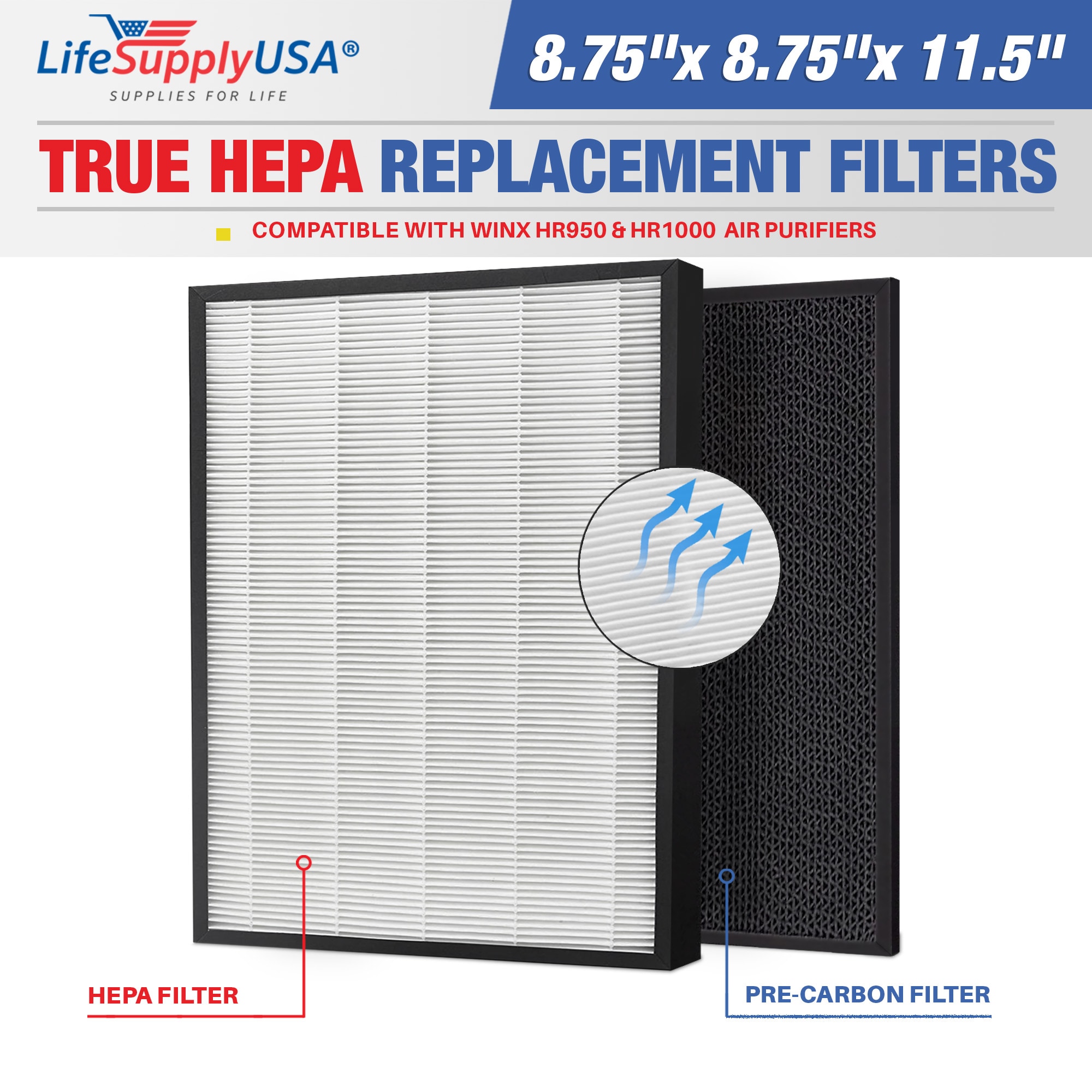 LifeSupplyUSA ER587-HD 8.75-Inches W x 11.5-Inches H x 8.75-Inches L Winx Hr950 Hr1000 True HEPA Air Purifier Filter