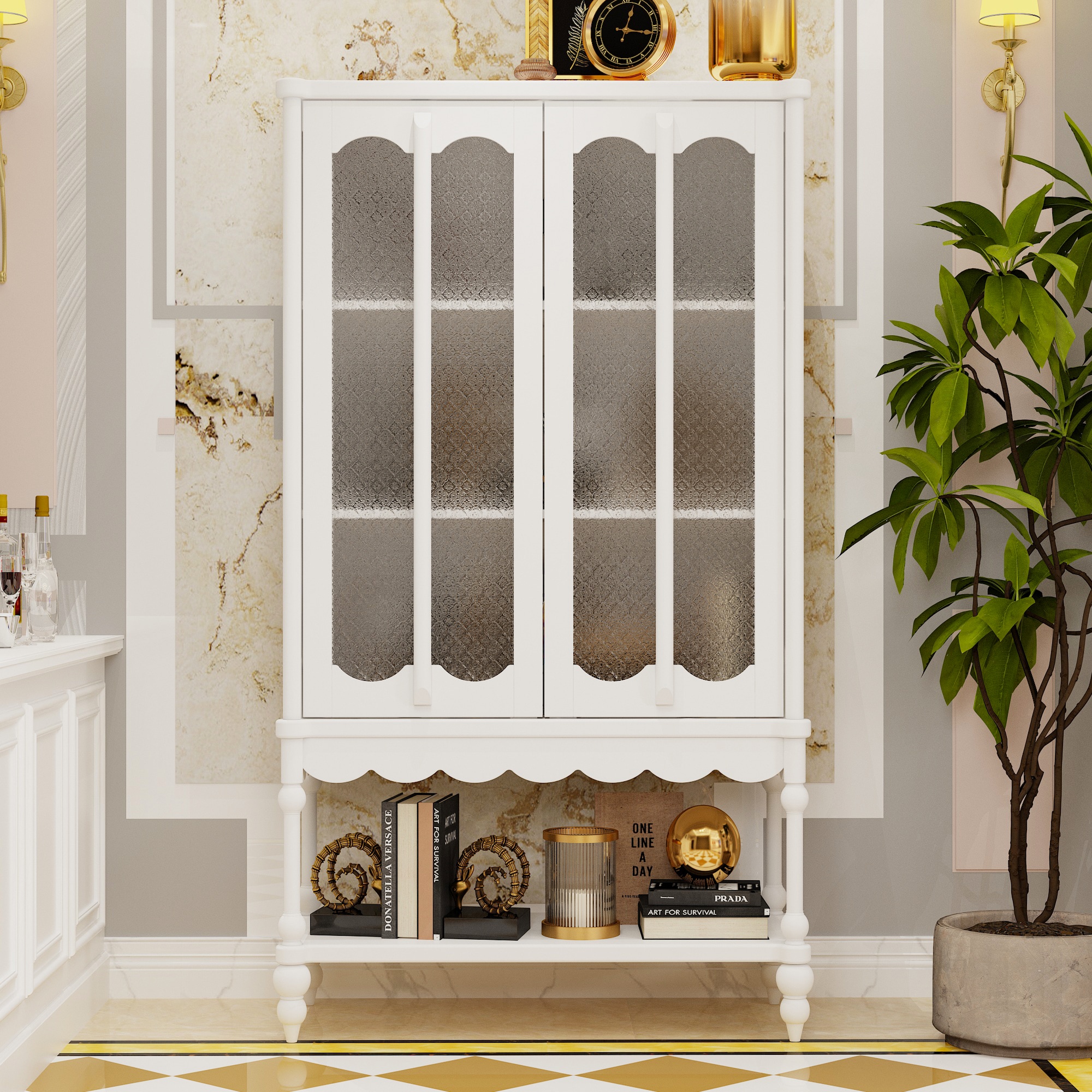 FUFU&GAGA KF390105-01 China Curio Cabinet White MDF 3 -Shelf Bookcase with Doors ( 34.8-in W x 62.2-in H x 15.7-in D ) Finished