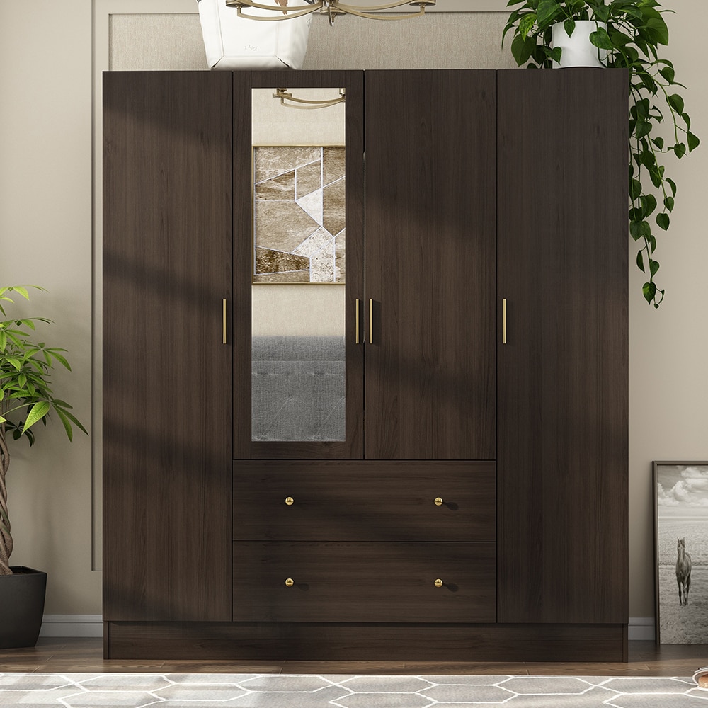 Homsee C-KF330062-02-AB Wood Grain 4-Door Armoire with Mirror Door 2 Hanging Rods 2 Drawers and Storage Shelves 63''L x 19.7''W x 70.9''H Brown