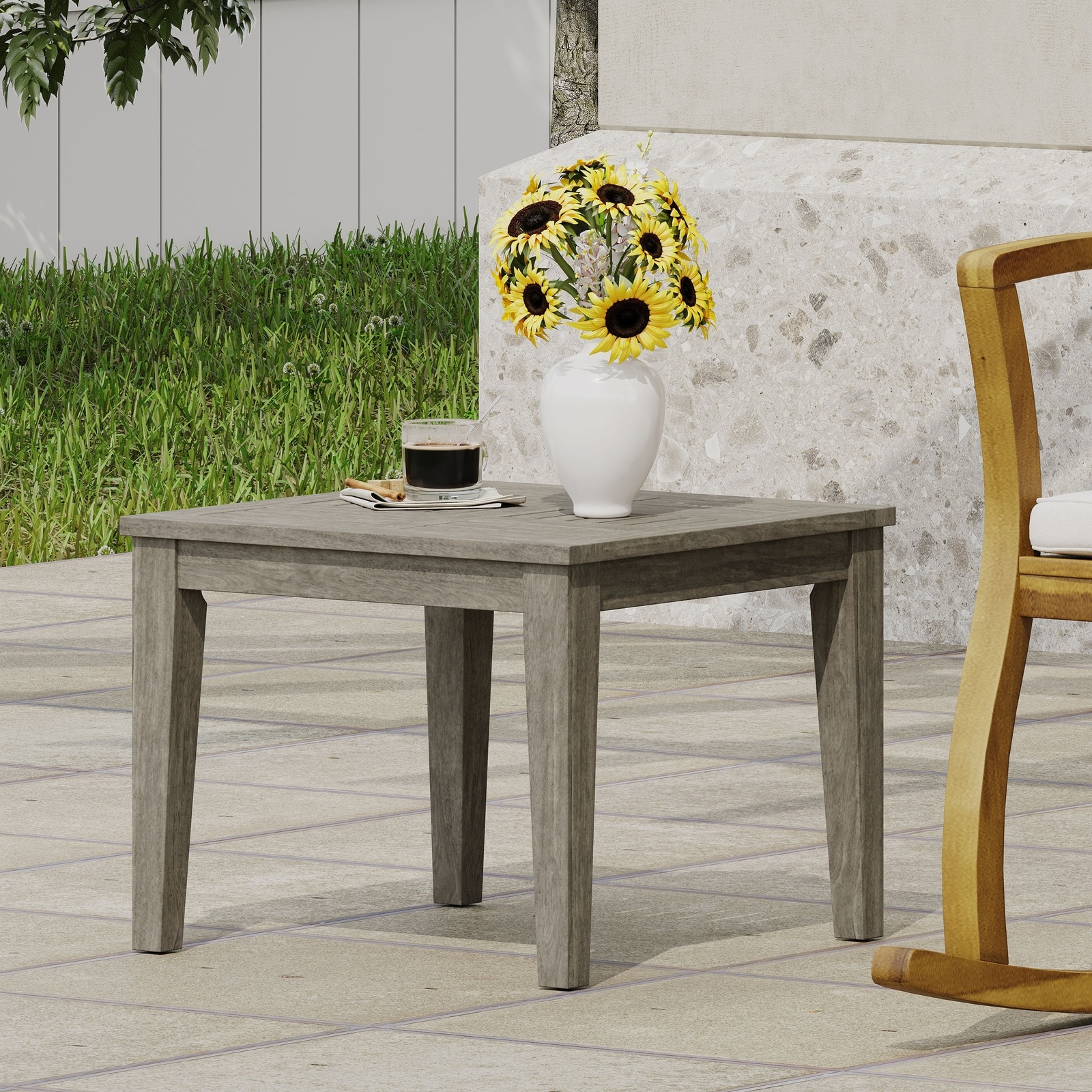 UOI - 20 inch Grey Acacia Wood Outdoor Side Table with Low Profile Design
