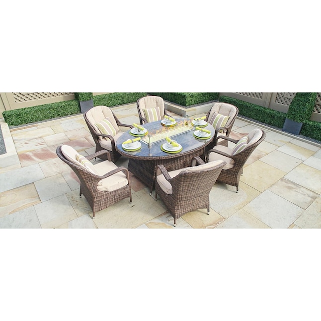 Brown Wicker Dining Patio Set, Oval Outdoor Dining Table Set For 6