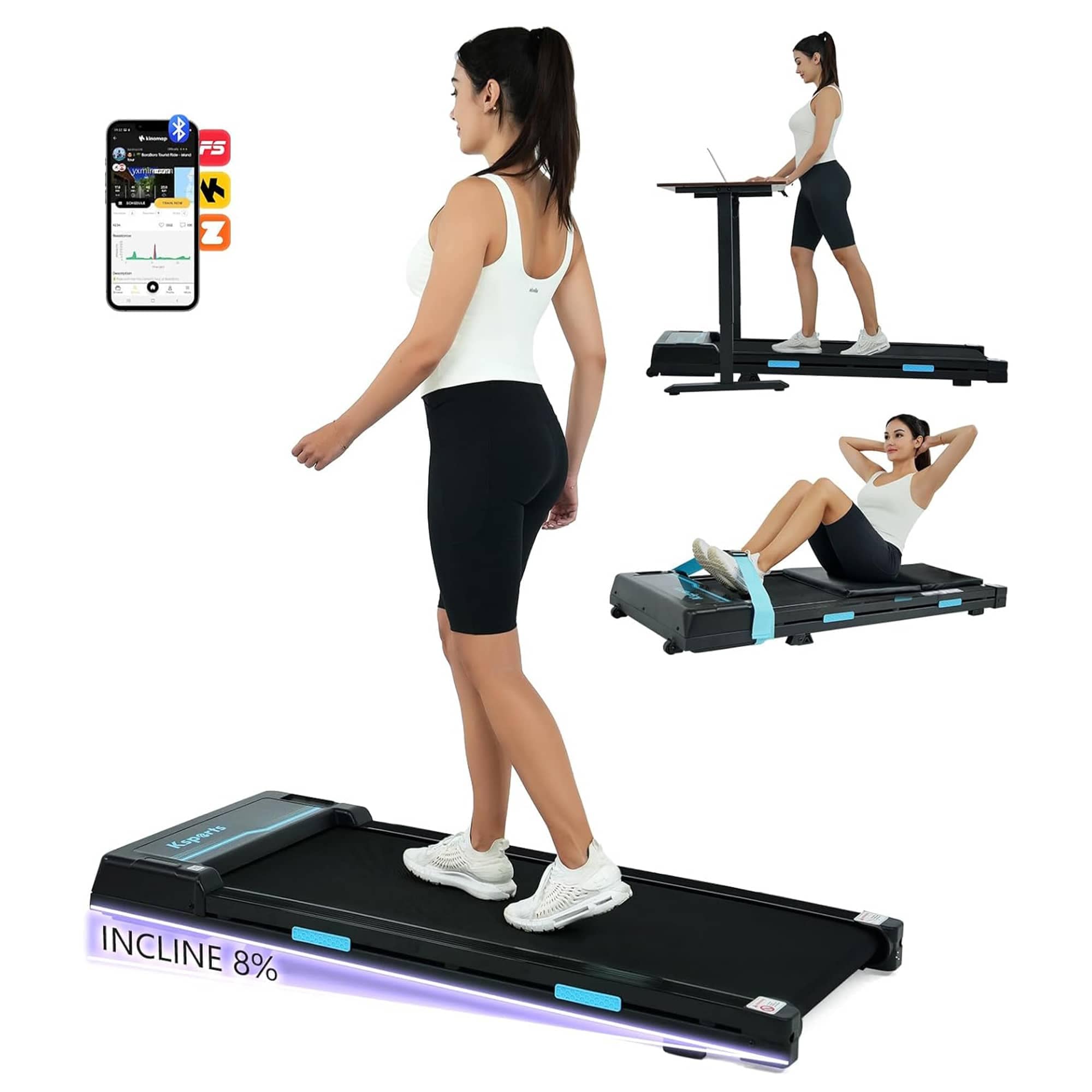 KSPORTS 411271 Under Desk Walking Pad Treadmill with Manual Incline and Wheels 2.5 HP