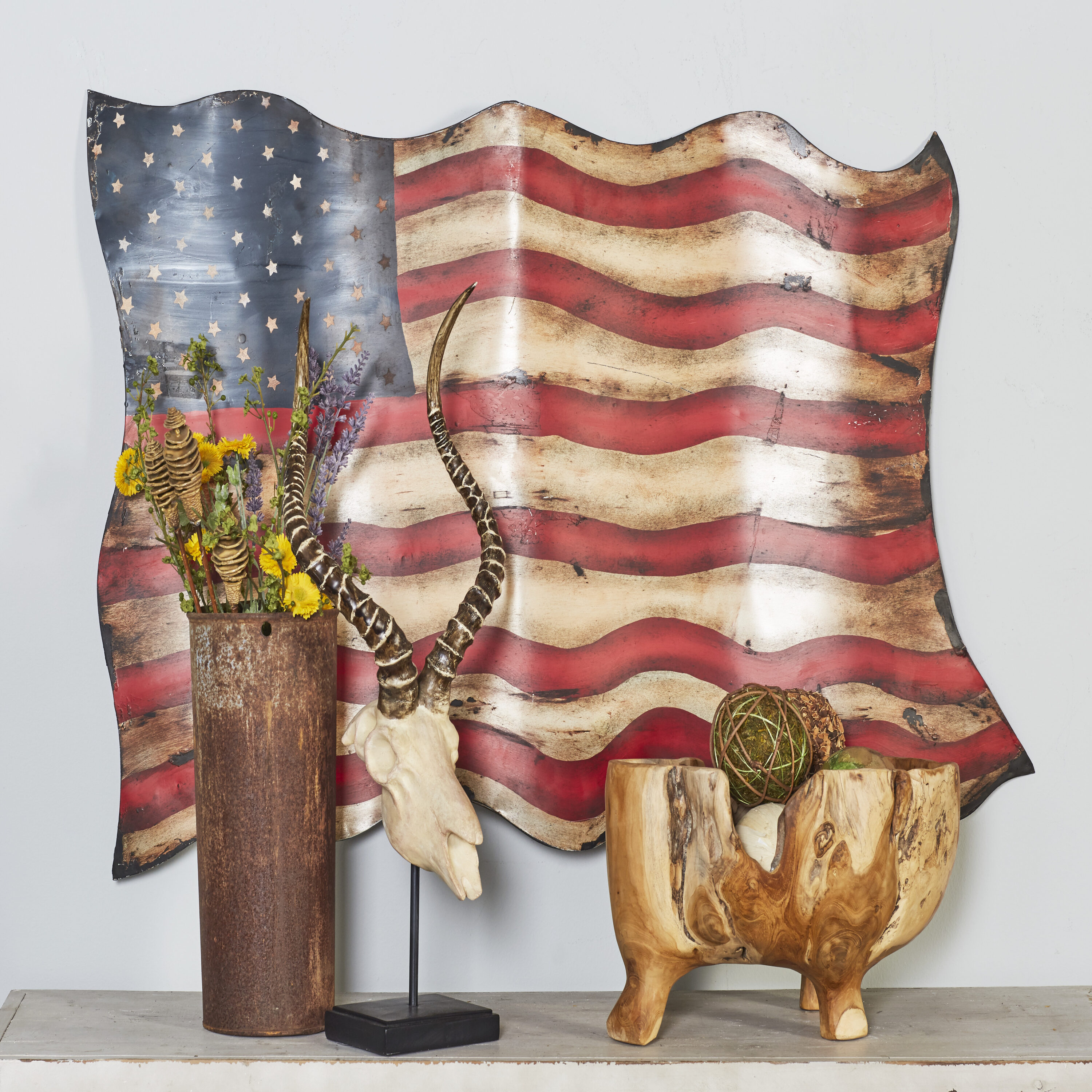 Vintage Red and Blue Iron American Flag Wall Sculpture
