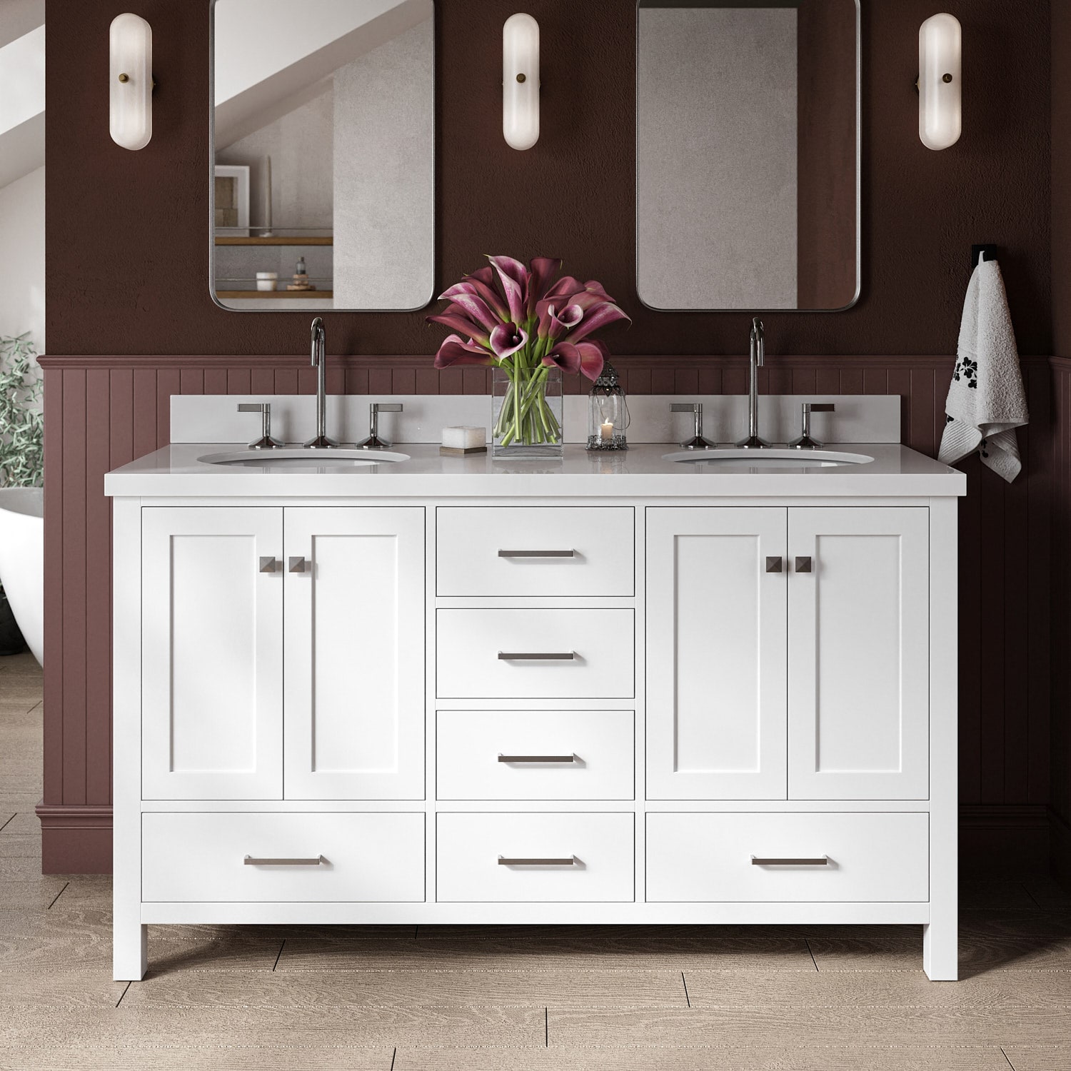 ARIEL A061DWQOVOWHT Cambridge 61-in White Undermount Double sink Bathroom Vanity with Pure White Quartz Quartz Top