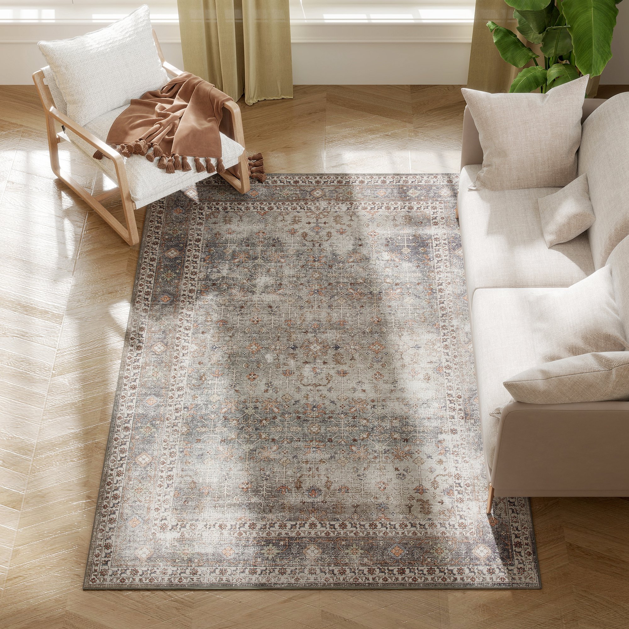 Tinyhomie Machine Washable Area Rug 4x6 Non Slip Traditional Floor Cover Foldable Carpet for Living Room Dark Mixed Brown